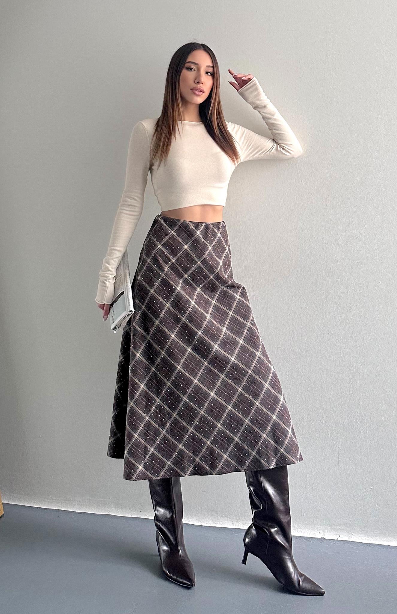 Ekose Taşlı Etek KAHVERENGİ