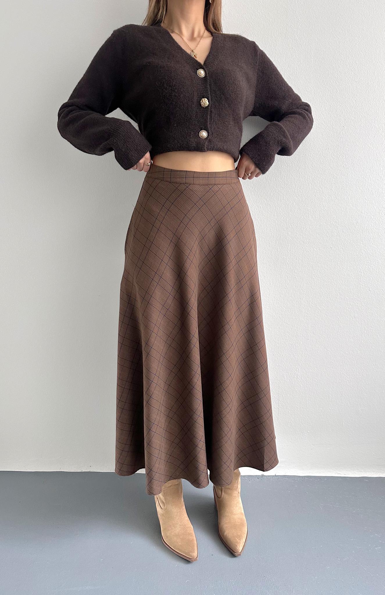 Kahve Ekose Desen Verev Etek KAHVERENGİ