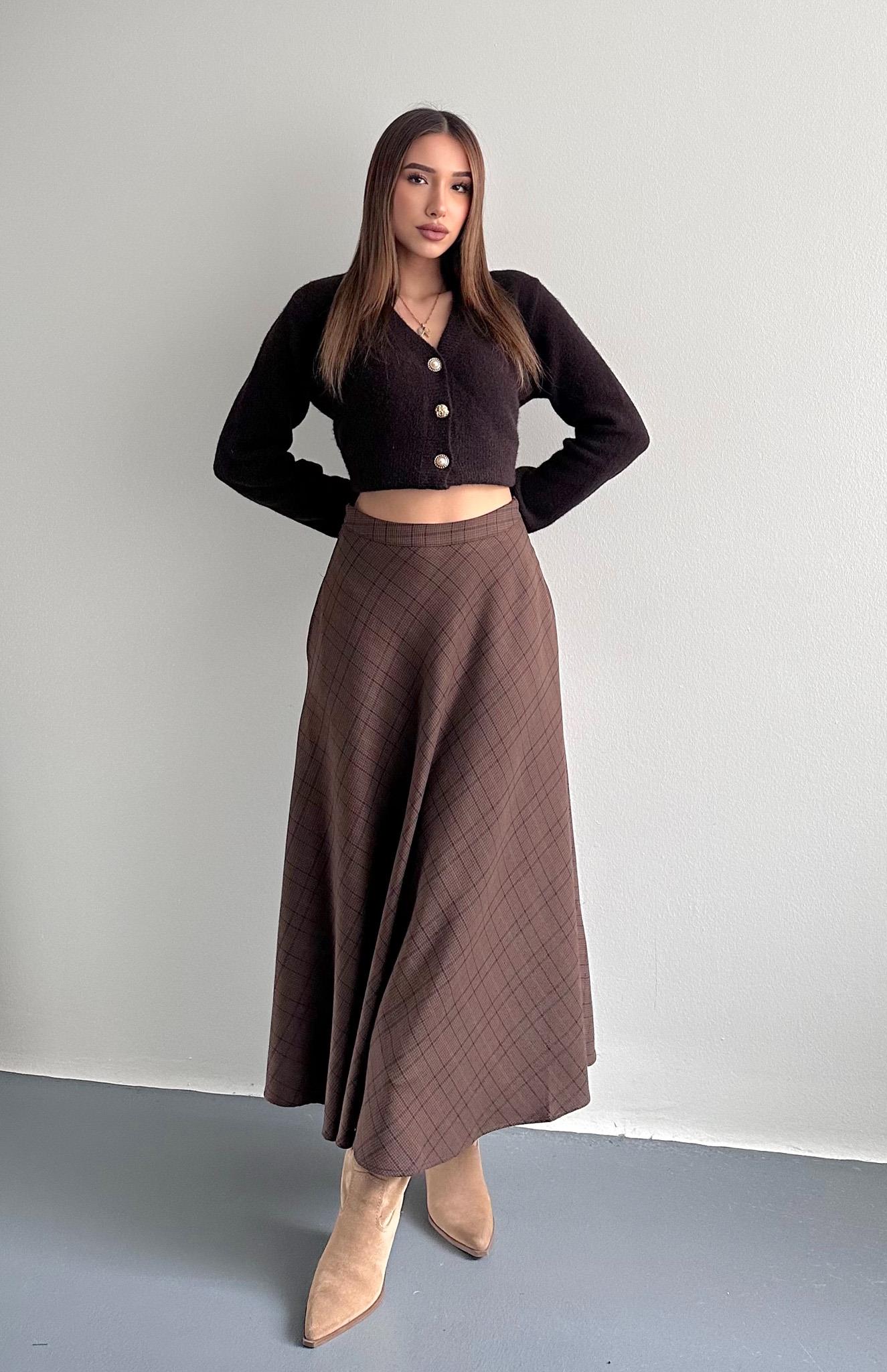 Kahve Ekose Desen Verev Etek KAHVERENGİ