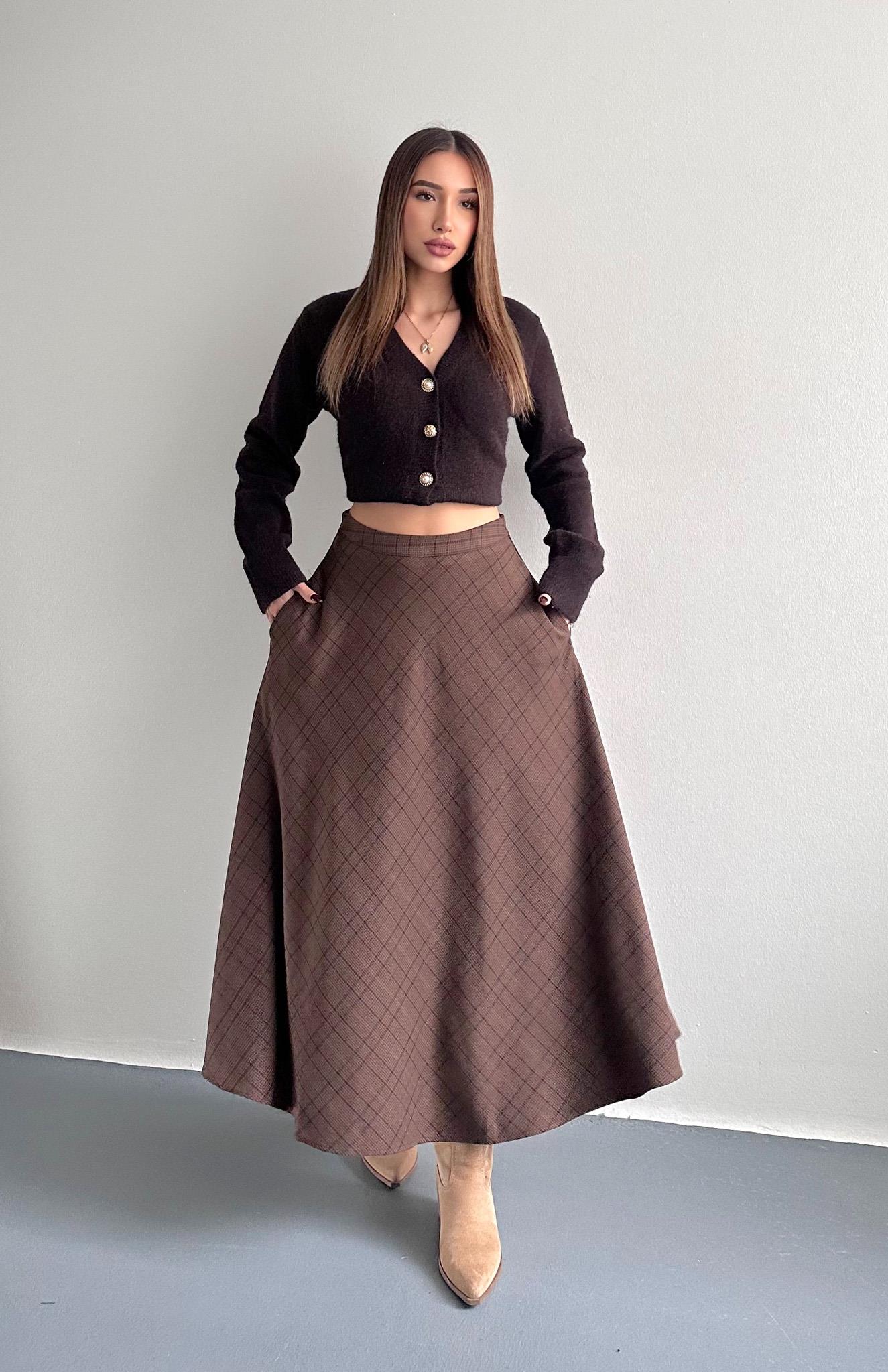 Kahve Ekose Desen Verev Etek KAHVERENGİ