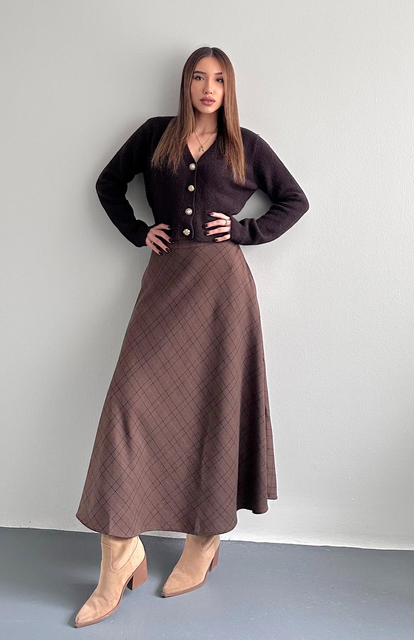 Kahve Ekose Desen Verev Etek KAHVERENGİ