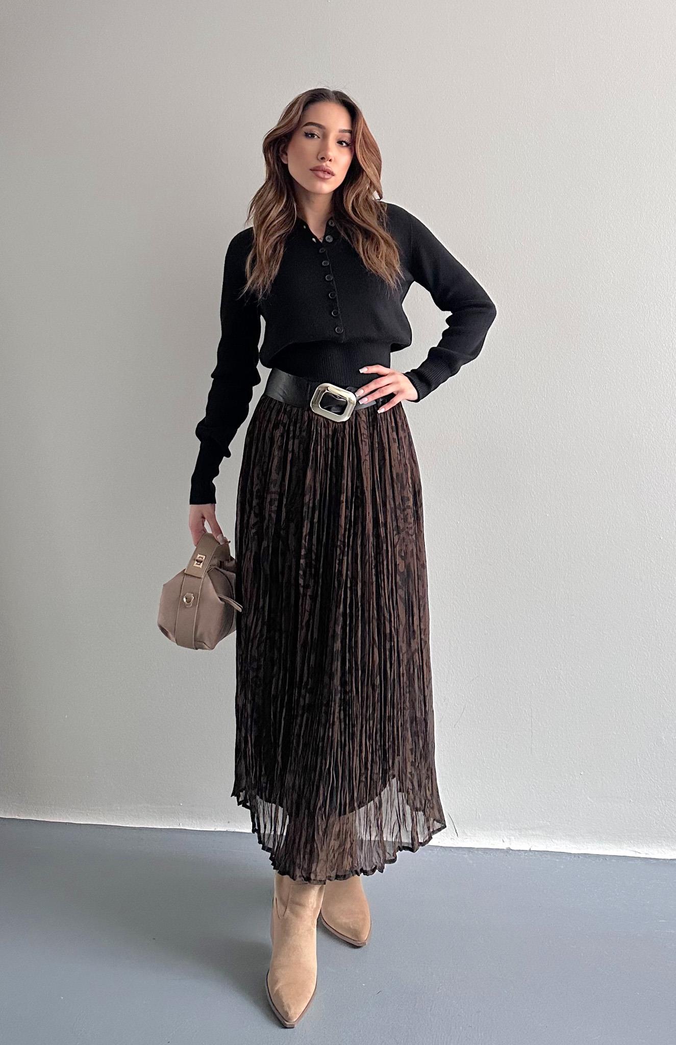 Leopar Desen Kraşli Etek KAHVERENGİ