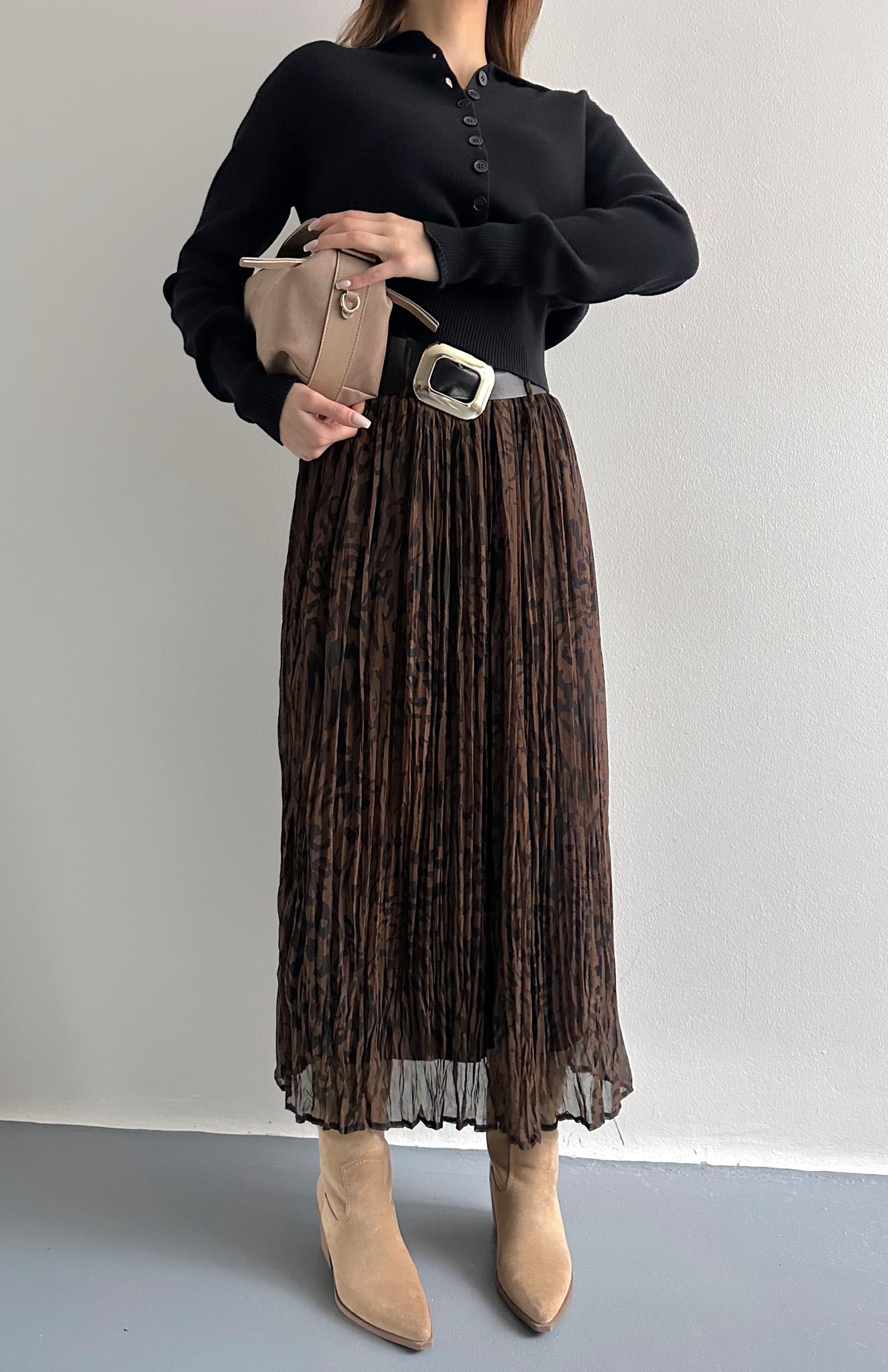 Leopar Desen Kraşli Etek KAHVERENGİ