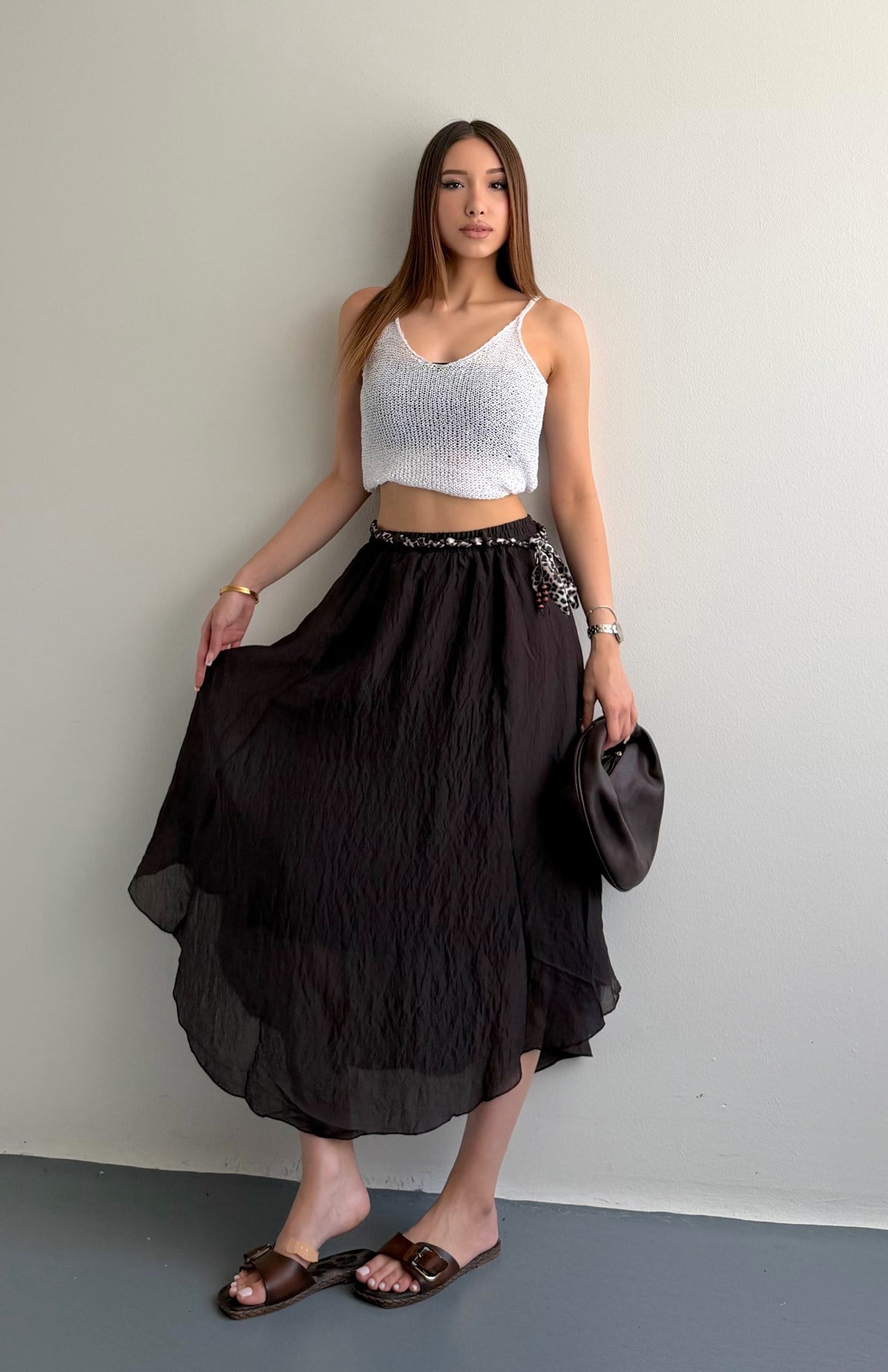 Leopar Kemerli Beli Lastikli Etek KAHVERENGİ