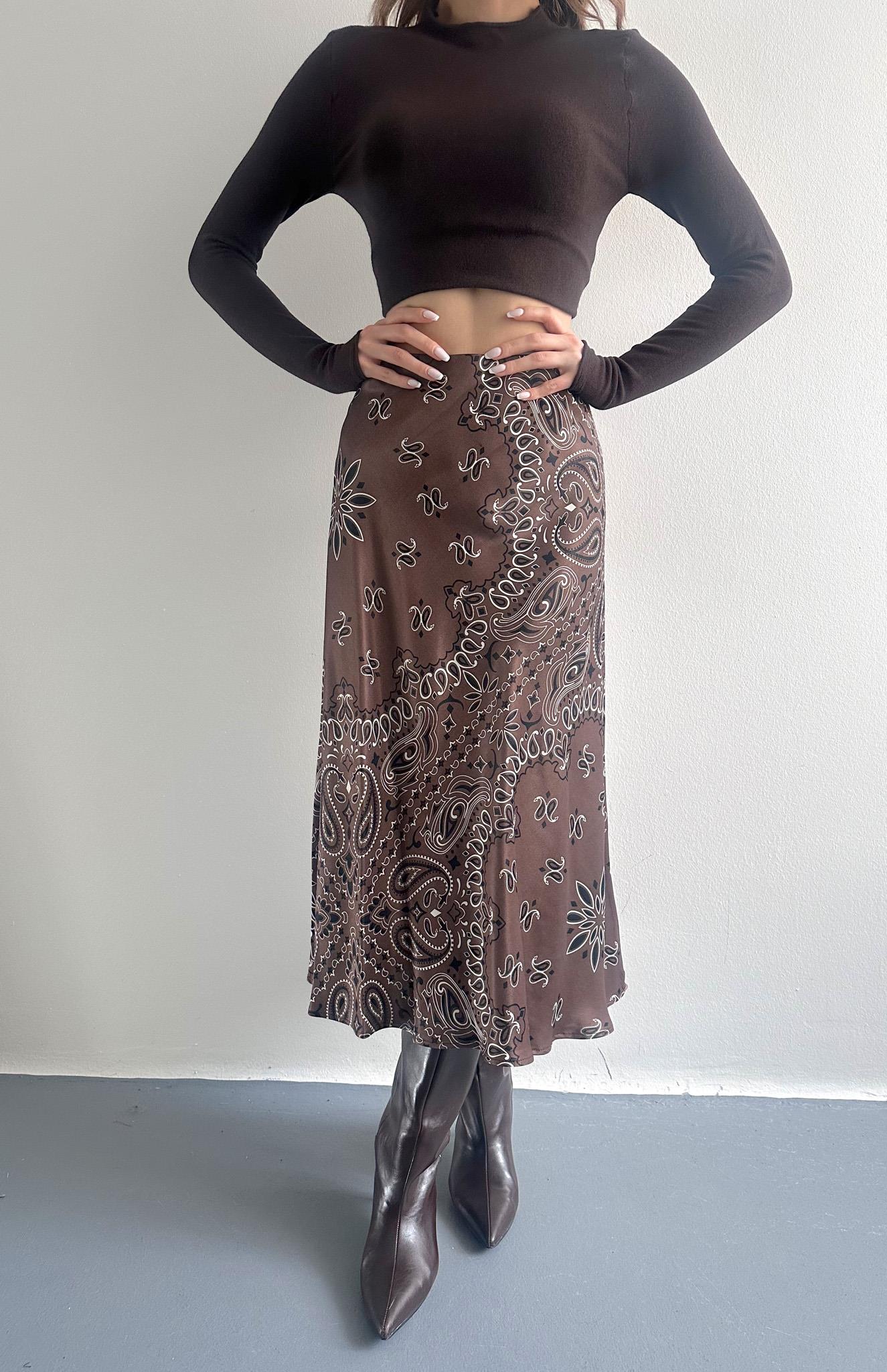 Şal Desen Saten Etek KAHVERENGİ