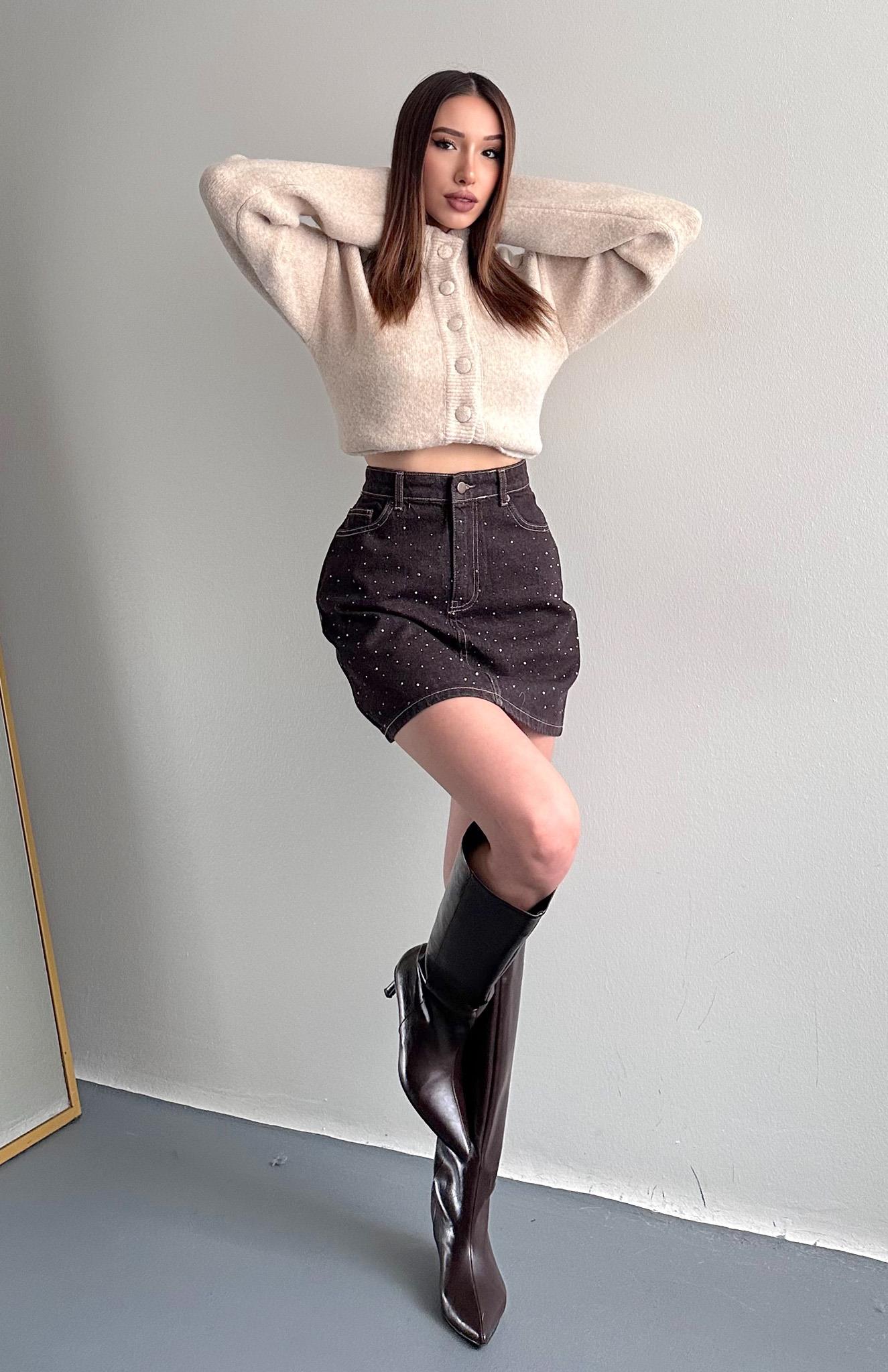 Taş Detaylı Etek KAHVERENGİ