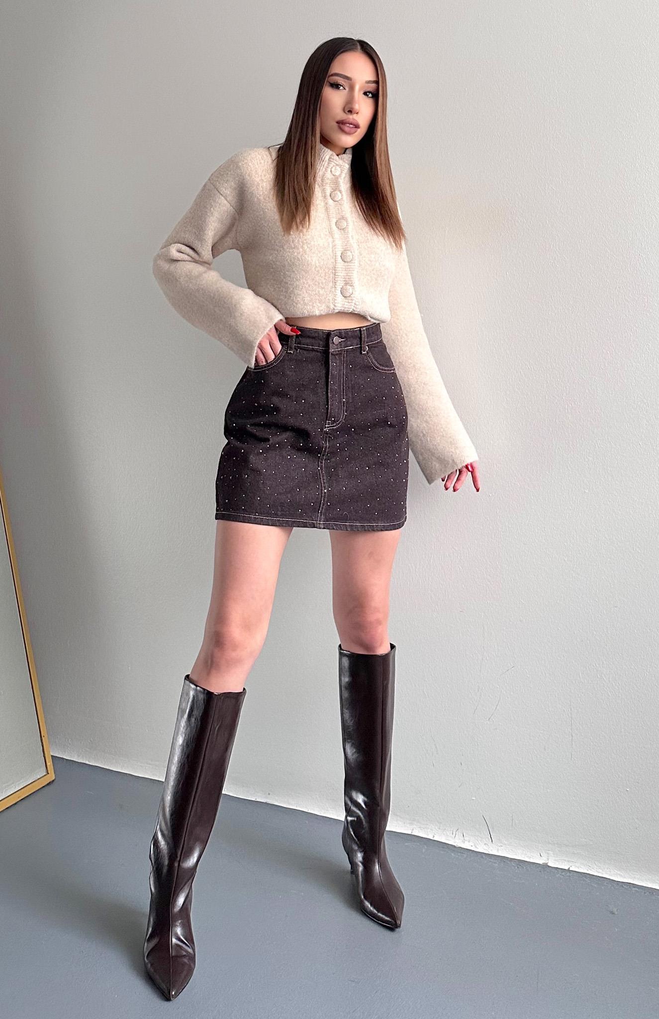 Taş Detaylı Etek KAHVERENGİ