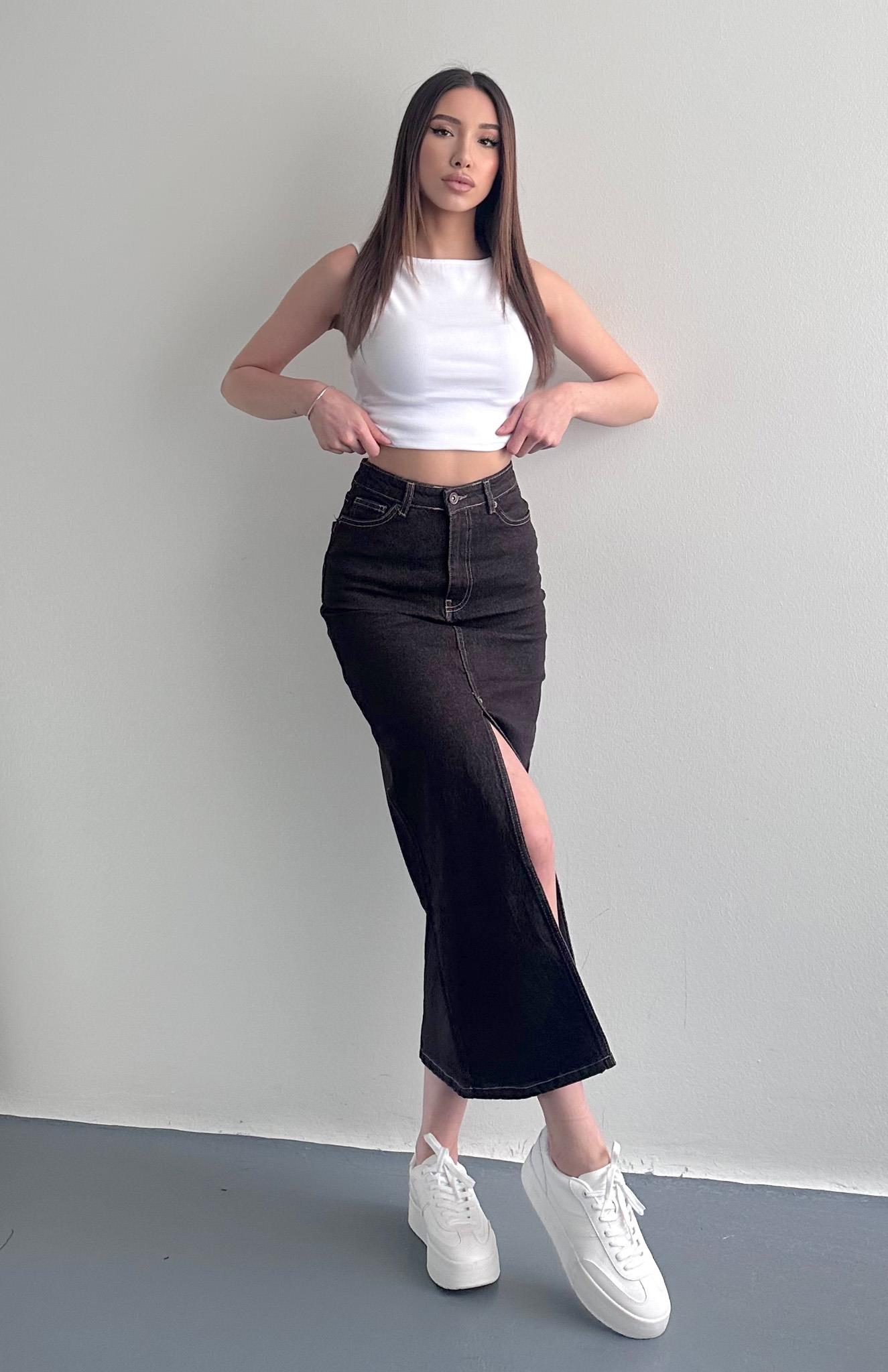Uzun Denim Etek KAHVERENGİ