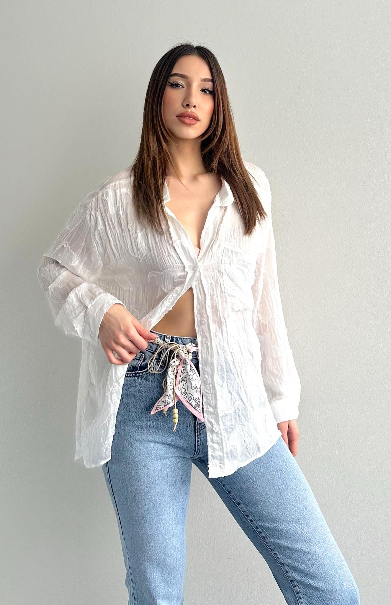 Cepli Oversize Esra Gömlek BEYAZ