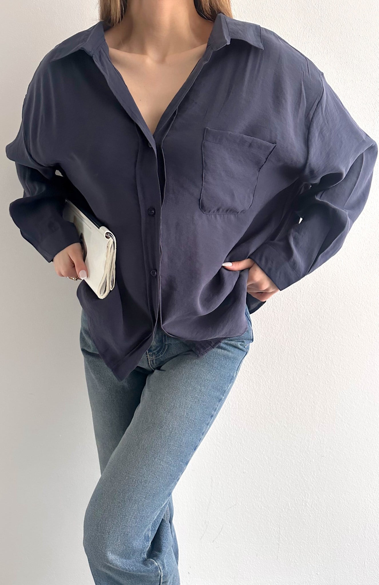 Cepli Oversize Modal Gömlek LACİVERT