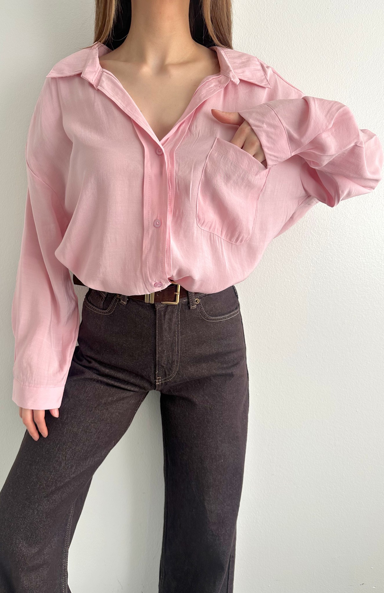 Cepli Oversize Modal Gömlek PEMBE