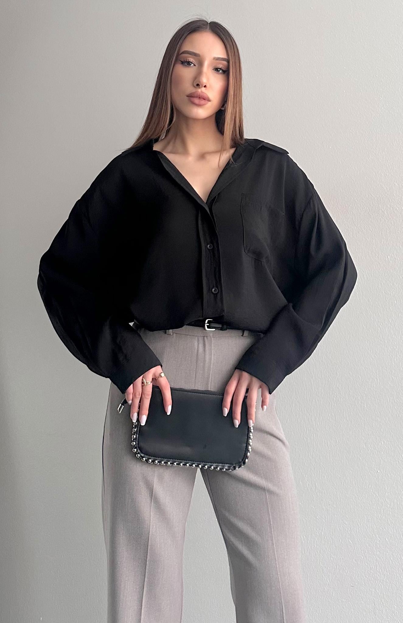 Cepli Oversize Modal Gömlek SİYAH