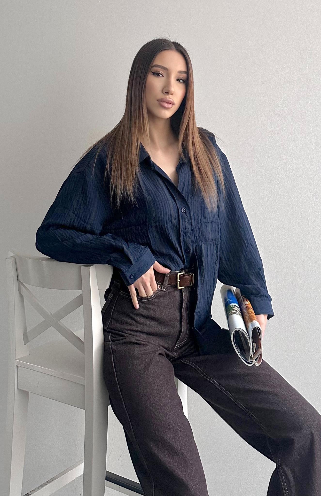 Cepli Oversize Stare Çizgili Gömlek LACİVERT