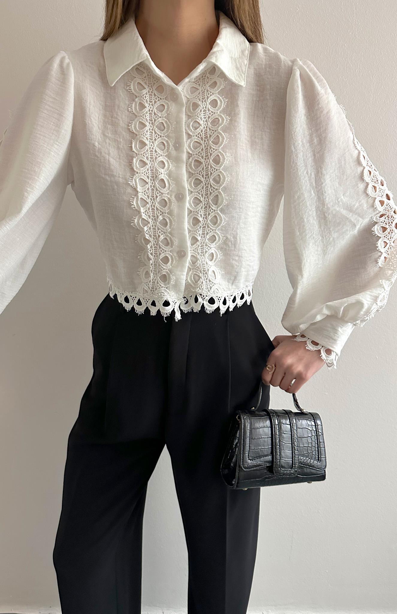 Dantelli Crop Keten Gömlek EKRU