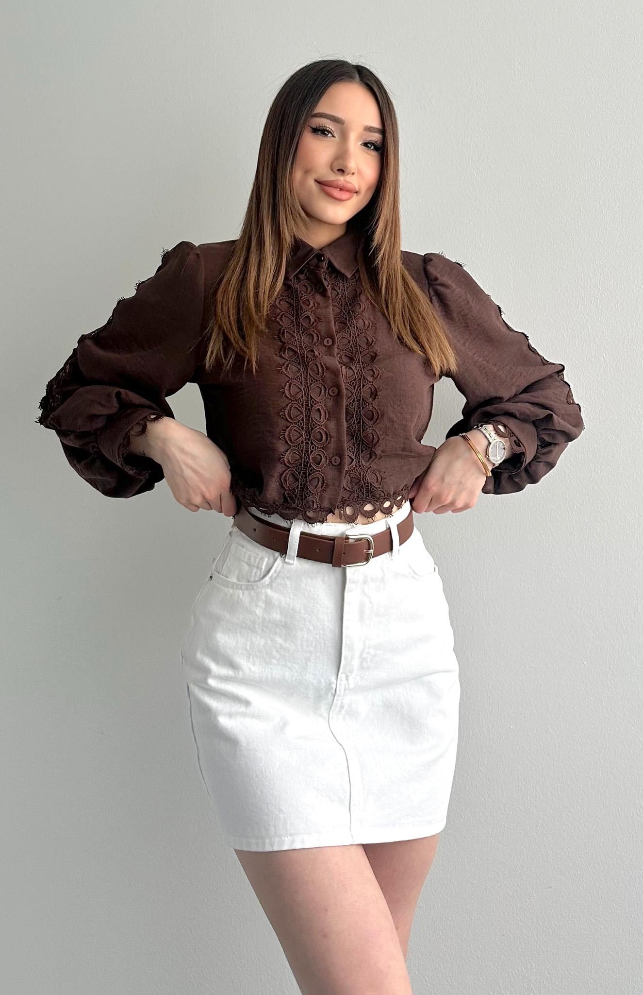 Dantelli Crop Keten Gömlek KAHVERENGİ