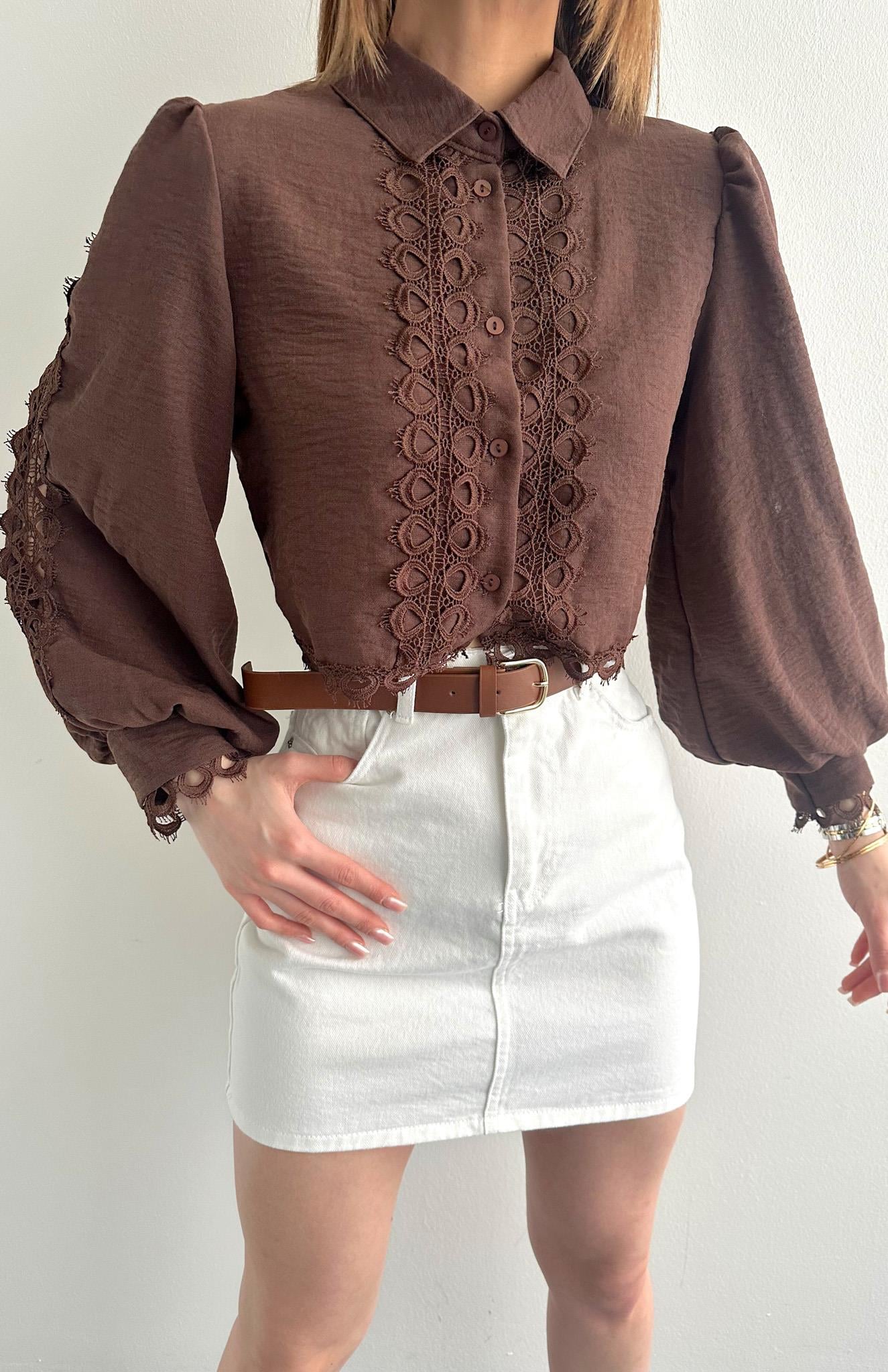 Dantelli Crop Keten Gömlek KAHVERENGİ
