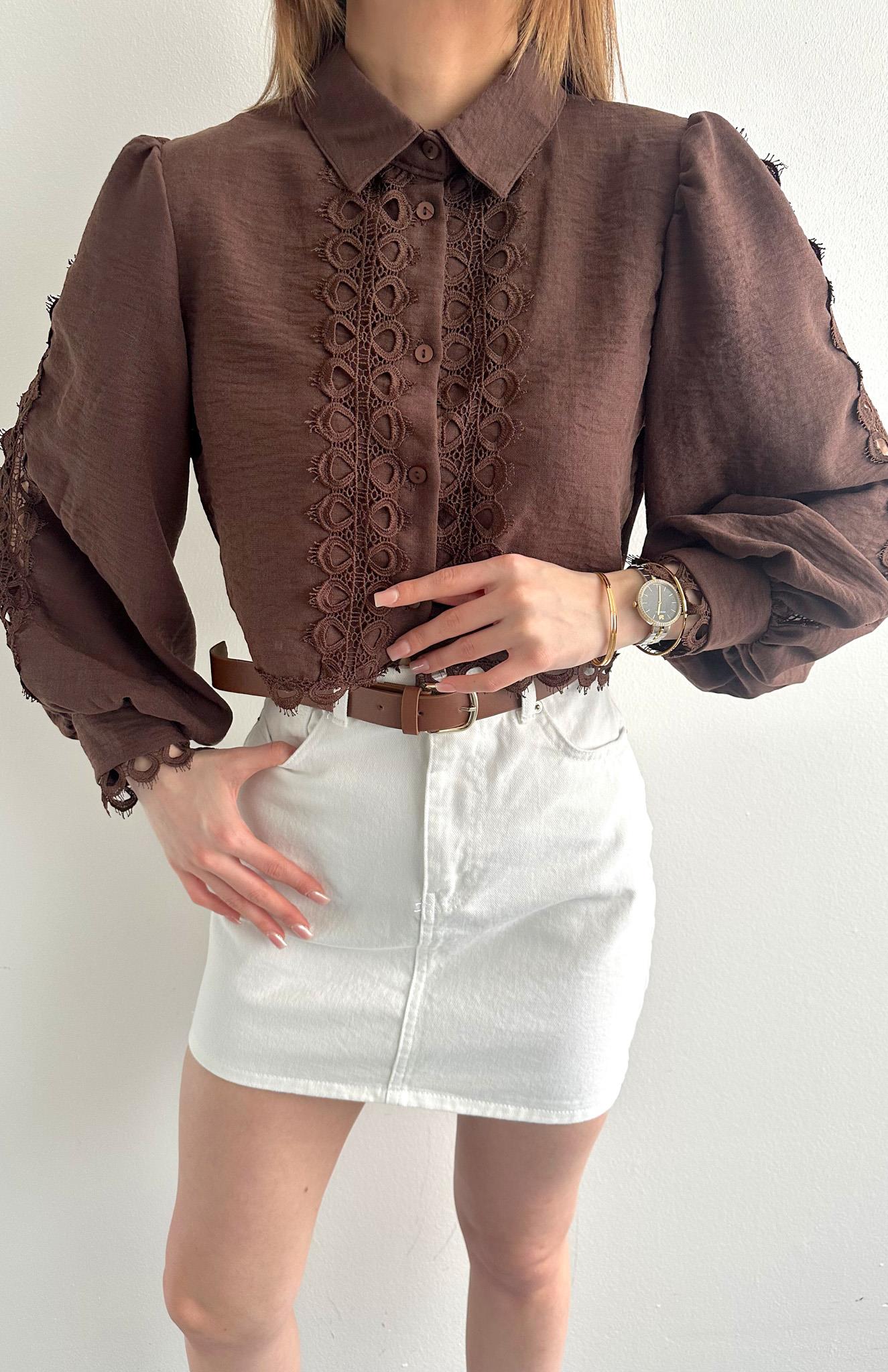 Dantelli Crop Keten Gömlek KAHVERENGİ