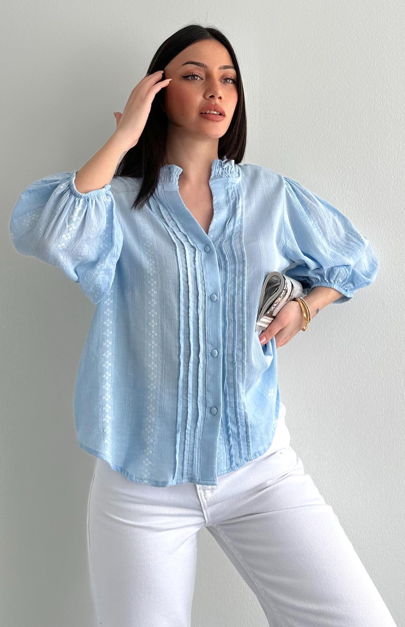 Nevür Detaylı Balon Kol Gömlek MAVİ