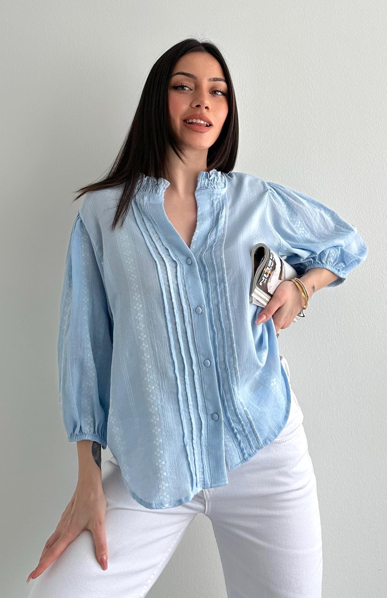 Nevür Detaylı Balon Kol Gömlek MAVİ