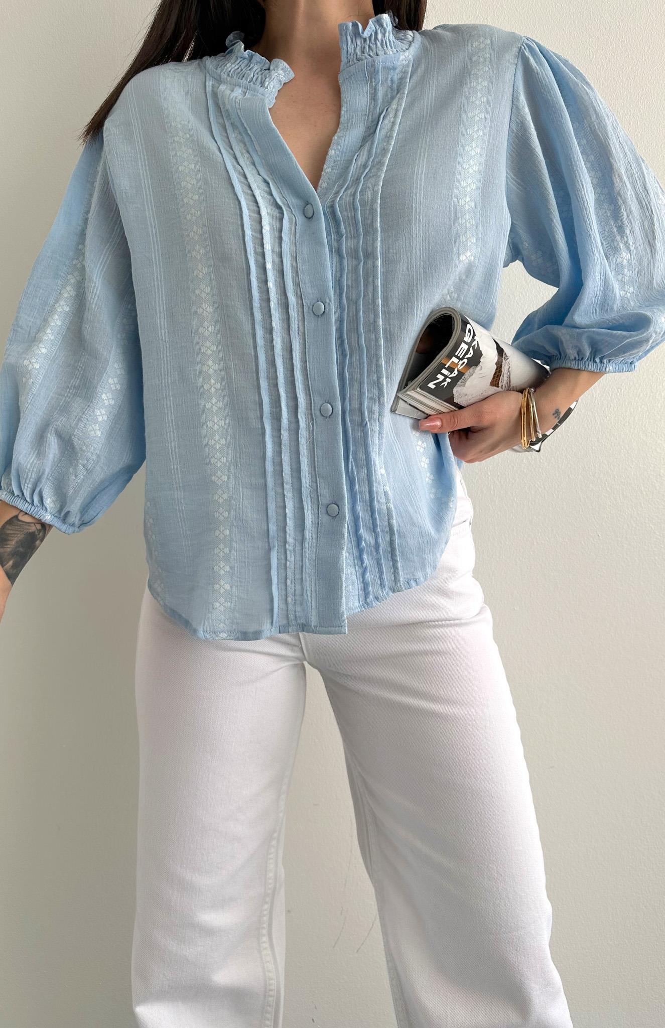 Nevür Detaylı Balon Kol Gömlek MAVİ