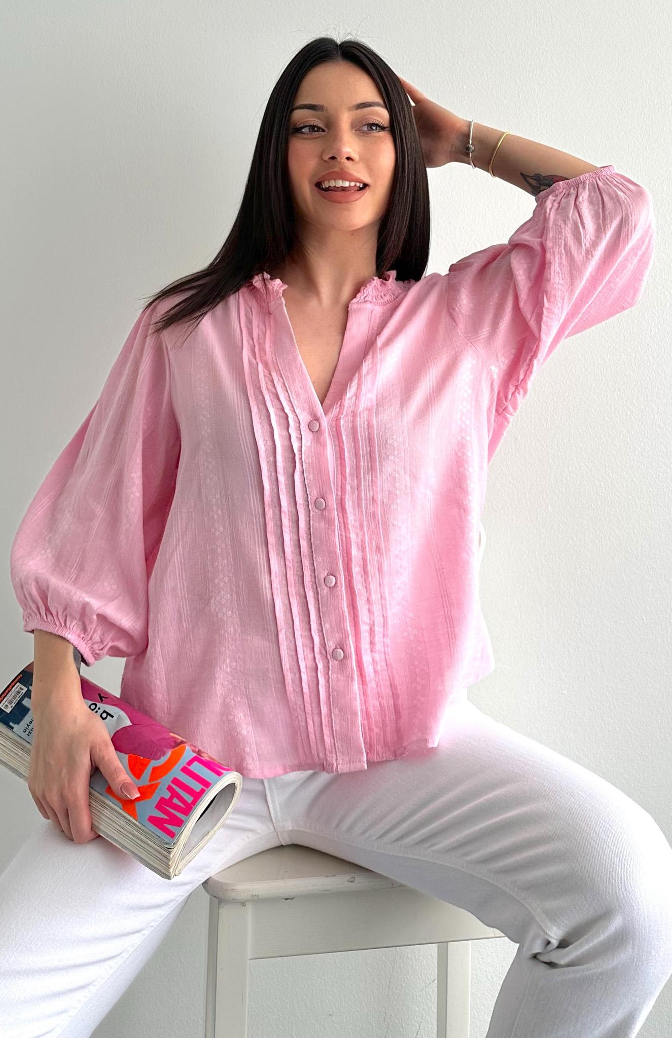 Nevür Detaylı Balon Kol Gömlek PEMBE