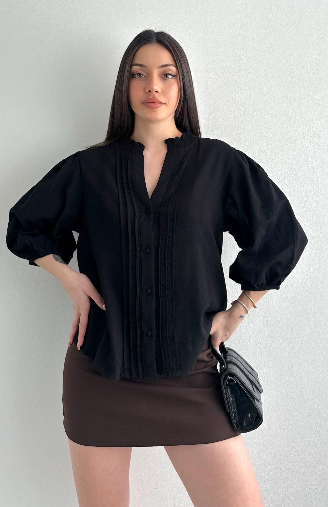 Nevür Detaylı Balon Kol Gömlek SİYAH