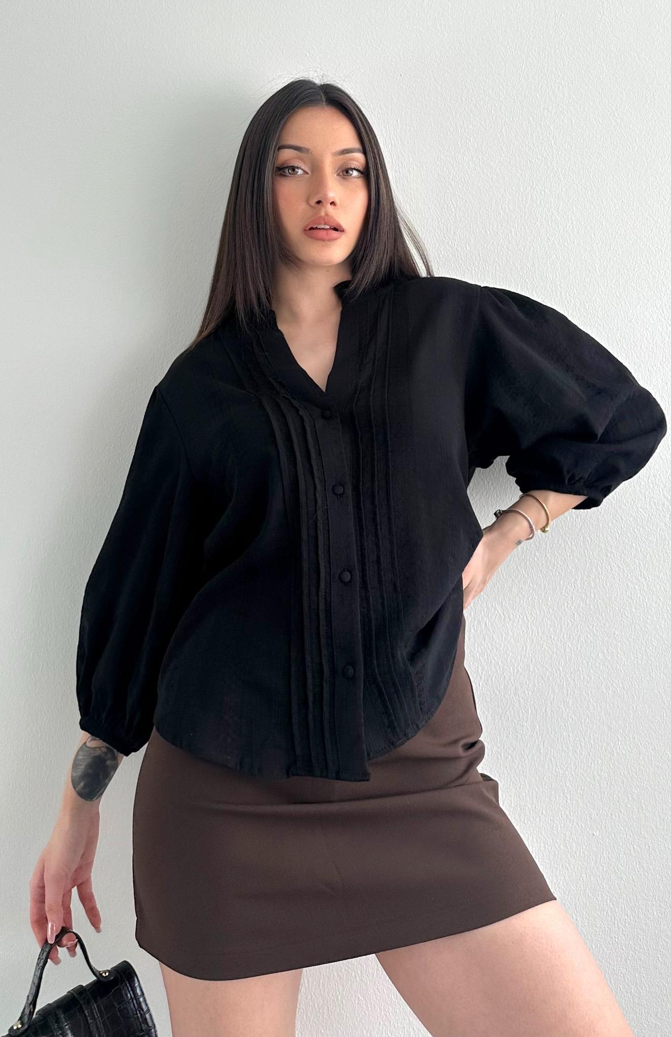 Nevür Detaylı Balon Kol Gömlek SİYAH