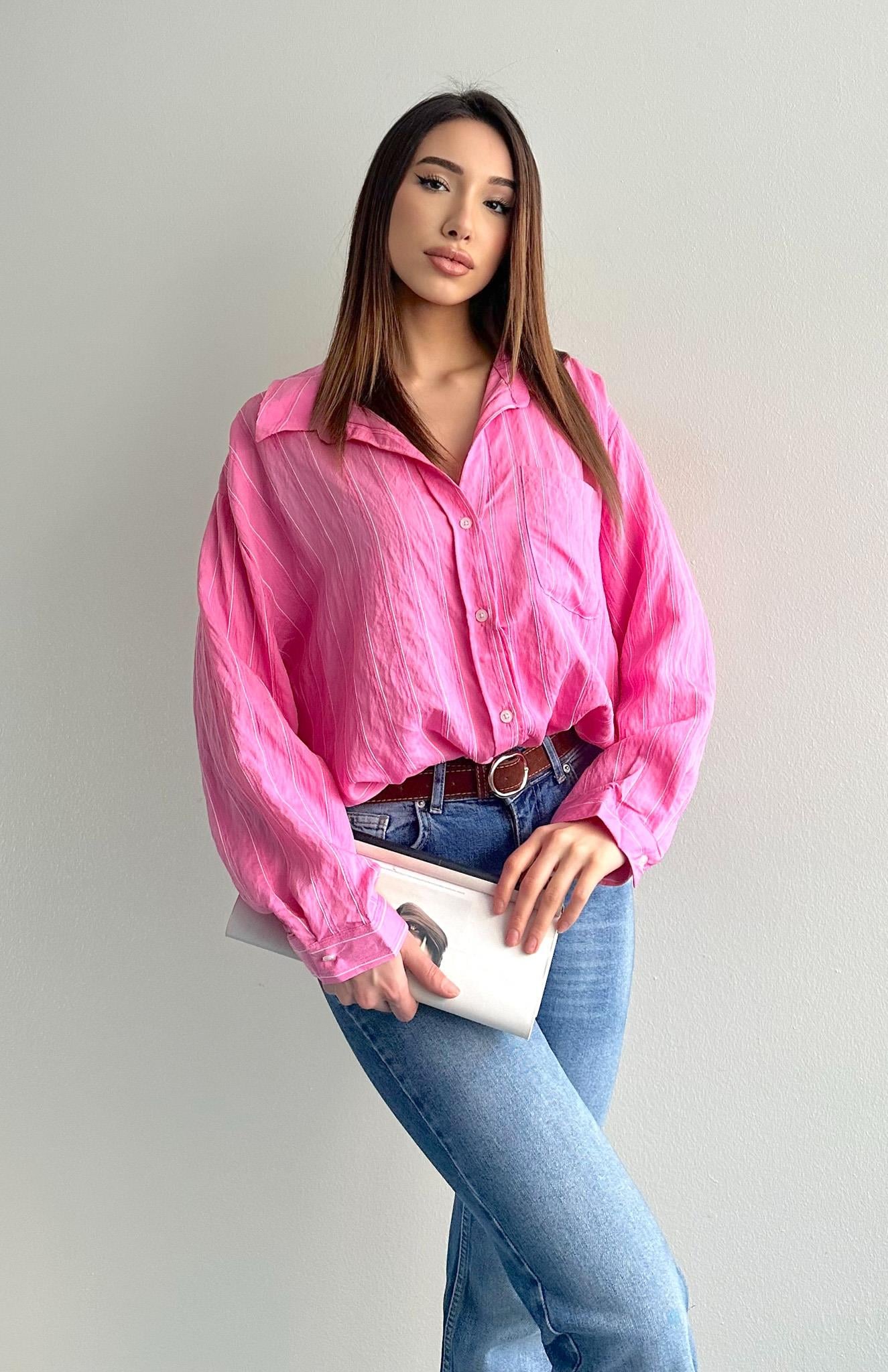 Oversize Çizgili Gömlek PEMBE