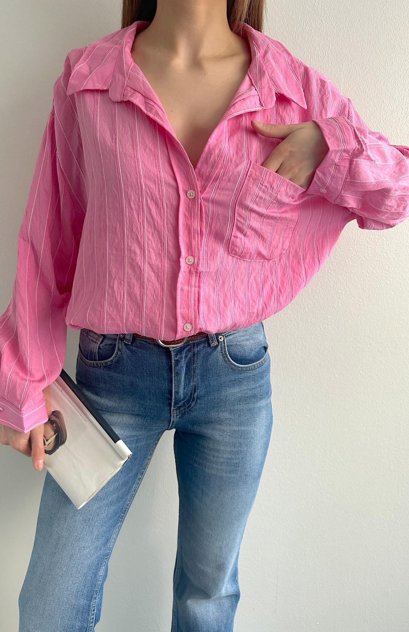 Oversize Çizgili Gömlek PEMBE