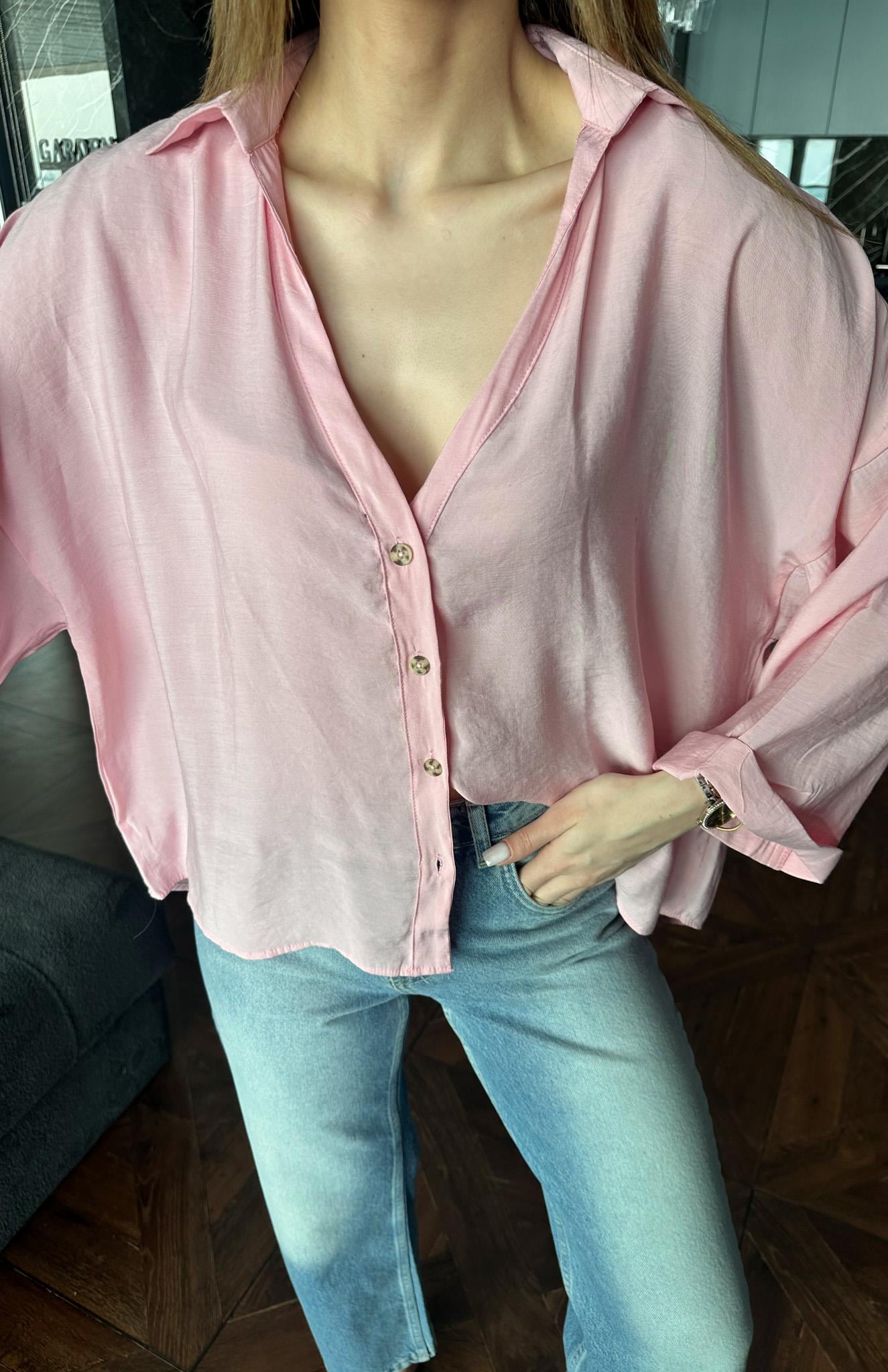 V Yaka Duble Kol Gömlek PEMBE