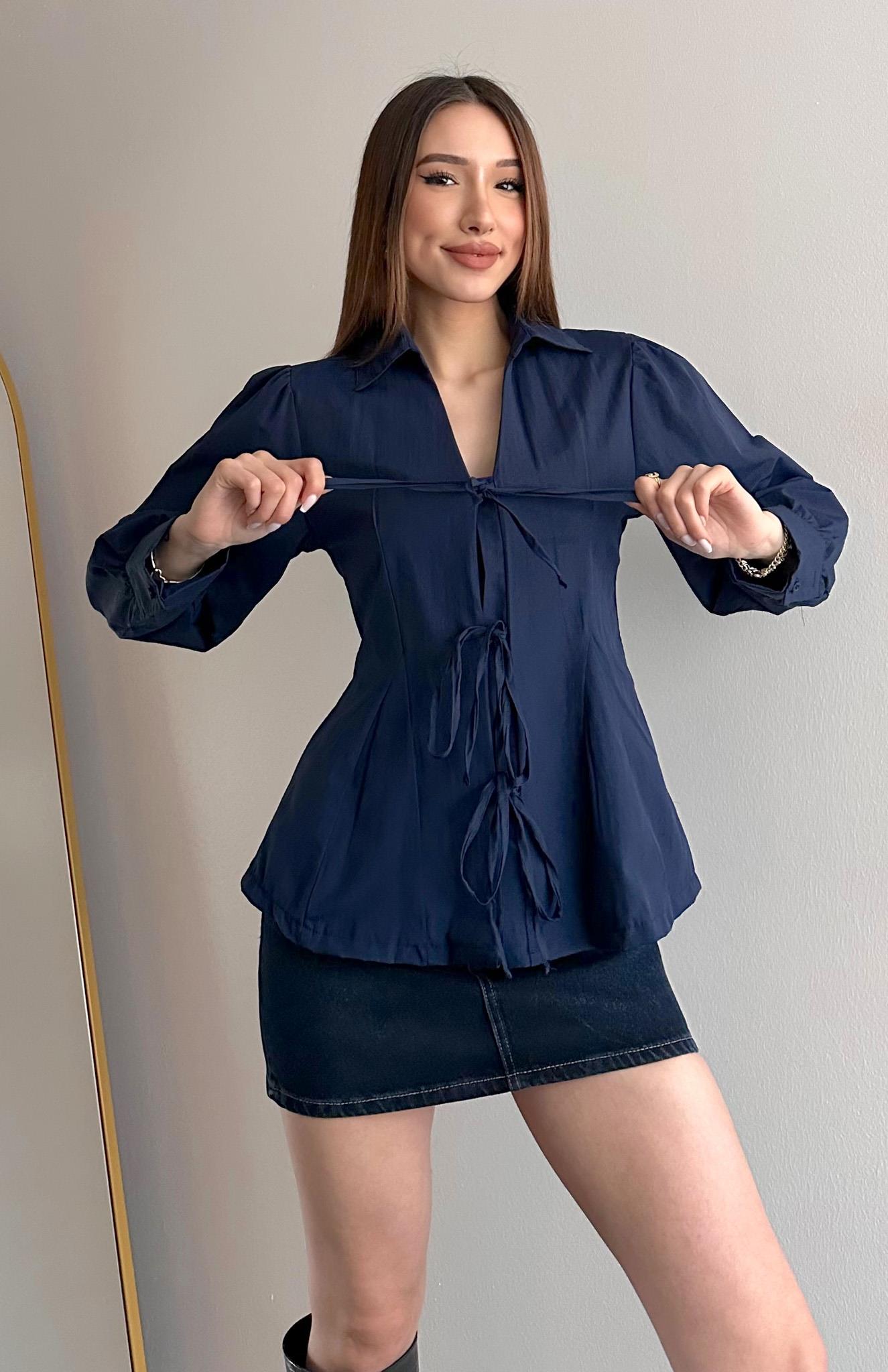 V Yaka Önü Bağlamalı Gömlek LACİVERT