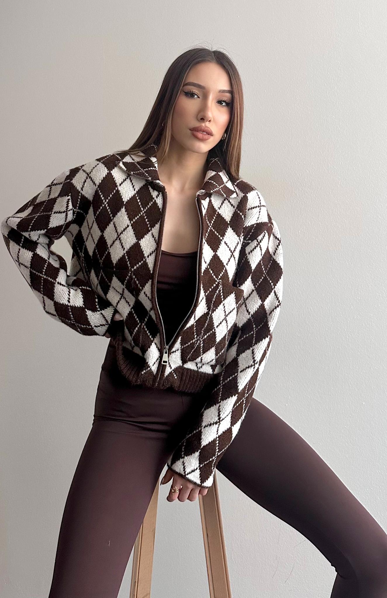 Baklava Desen Fermuarlı Hırka Kahve-Ekru