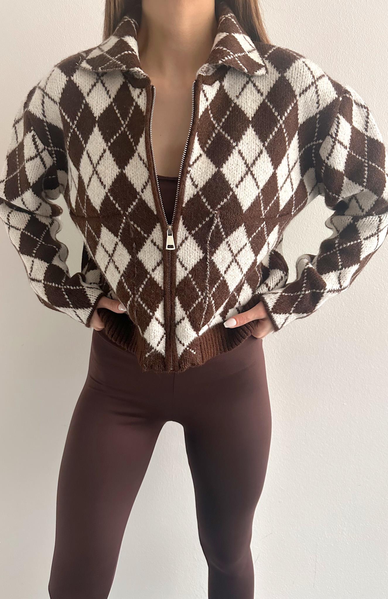 Baklava Desen Fermuarlı Hırka Kahve-Ekru