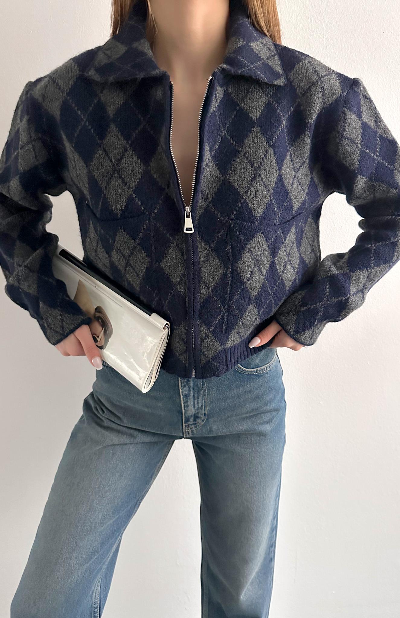 Baklava Desen Fermuarlı Hırka LACİ-GRİ