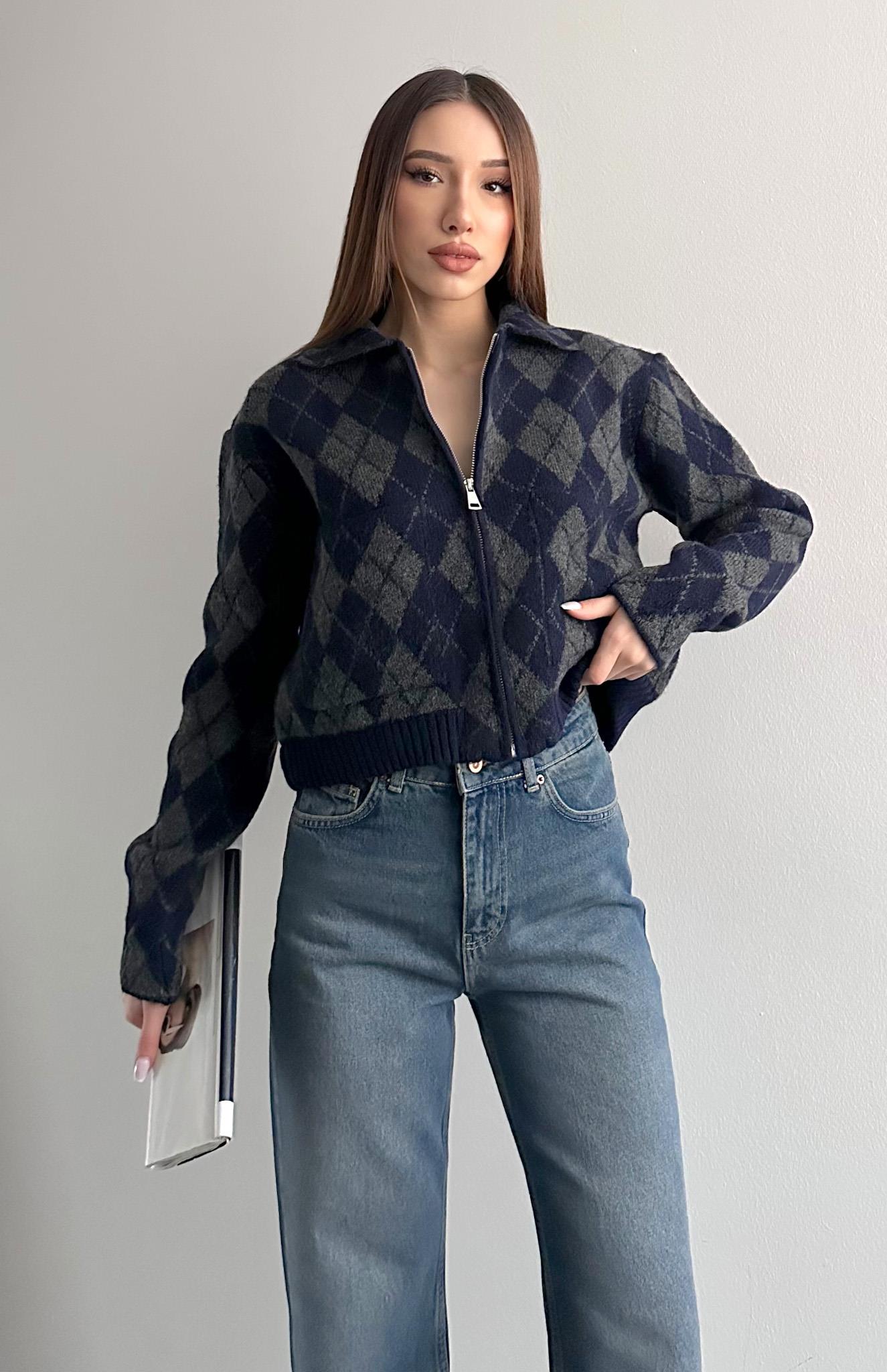 Baklava Desen Fermuarlı Hırka LACİ-GRİ