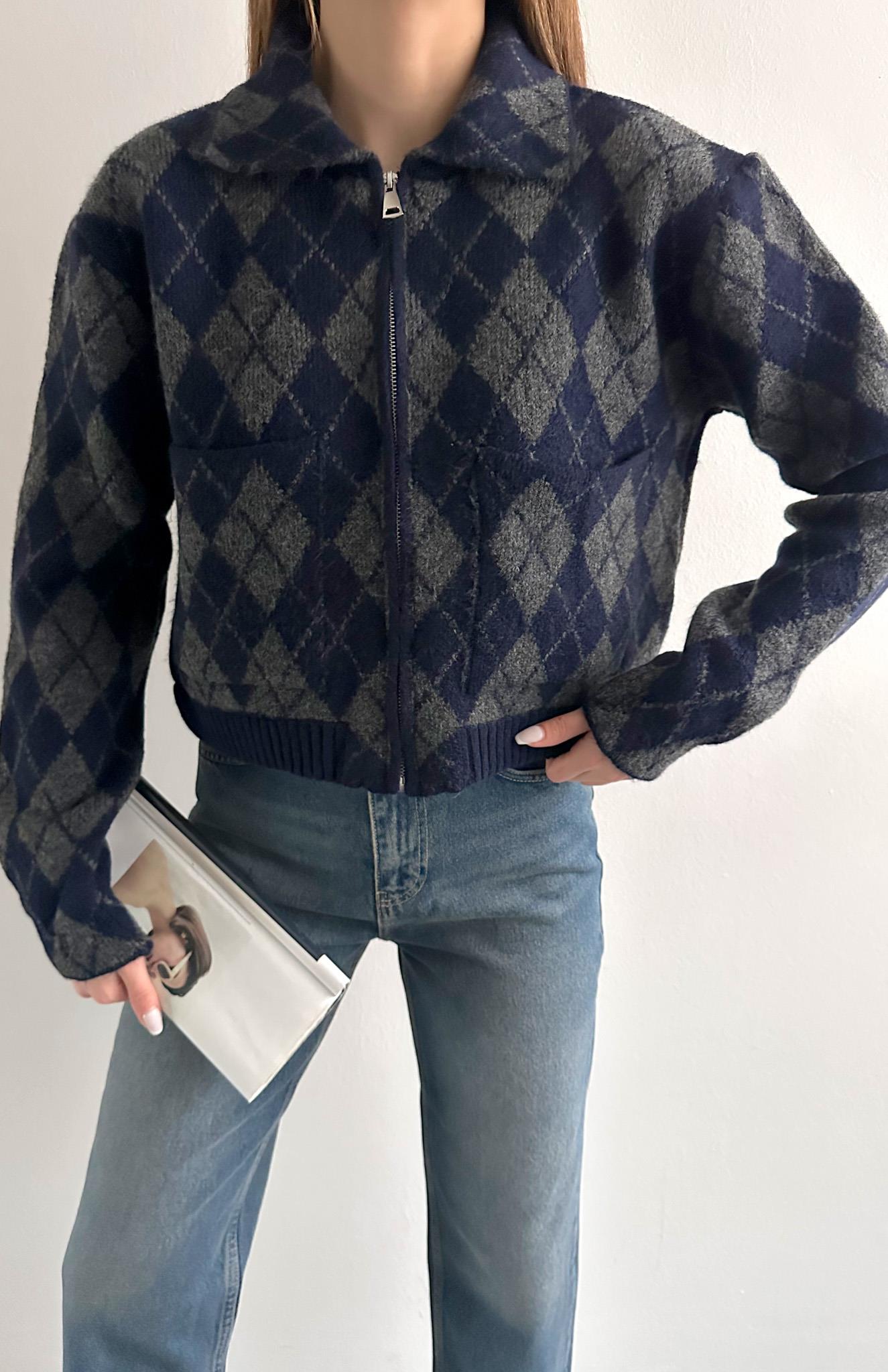 Baklava Desen Fermuarlı Hırka LACİ-GRİ