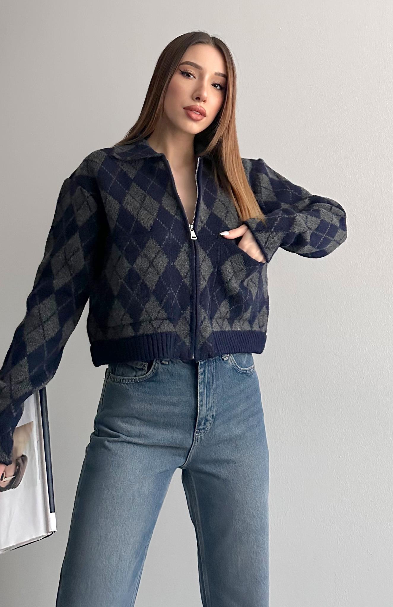 Baklava Desen Fermuarlı Hırka LACİ-GRİ