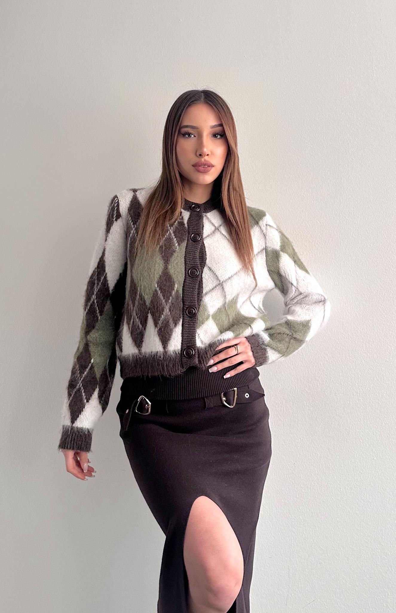 Baklava Desen Triko Hırka Kahve-Ekru