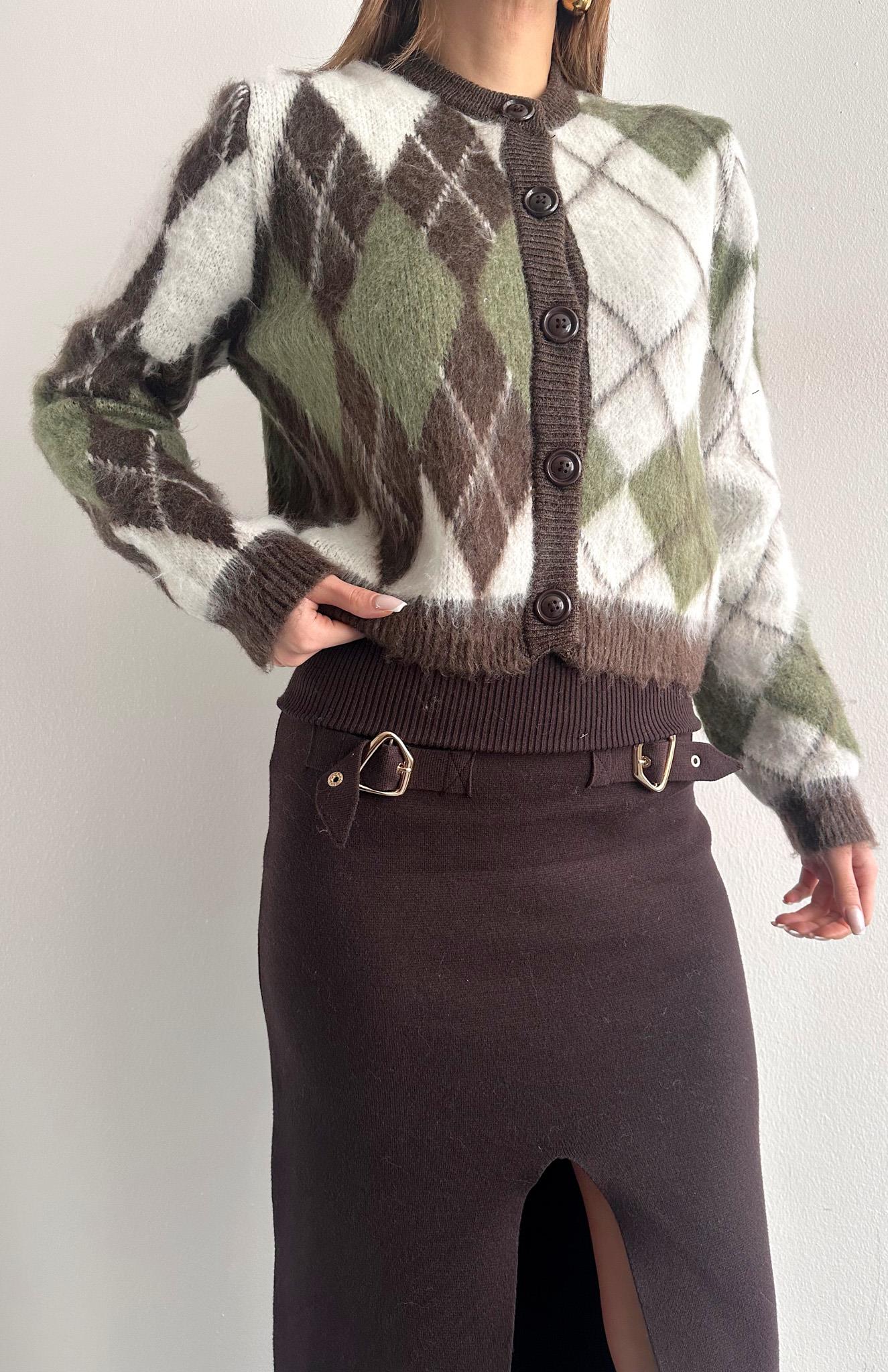 Baklava Desen Triko Hırka Kahve-Ekru