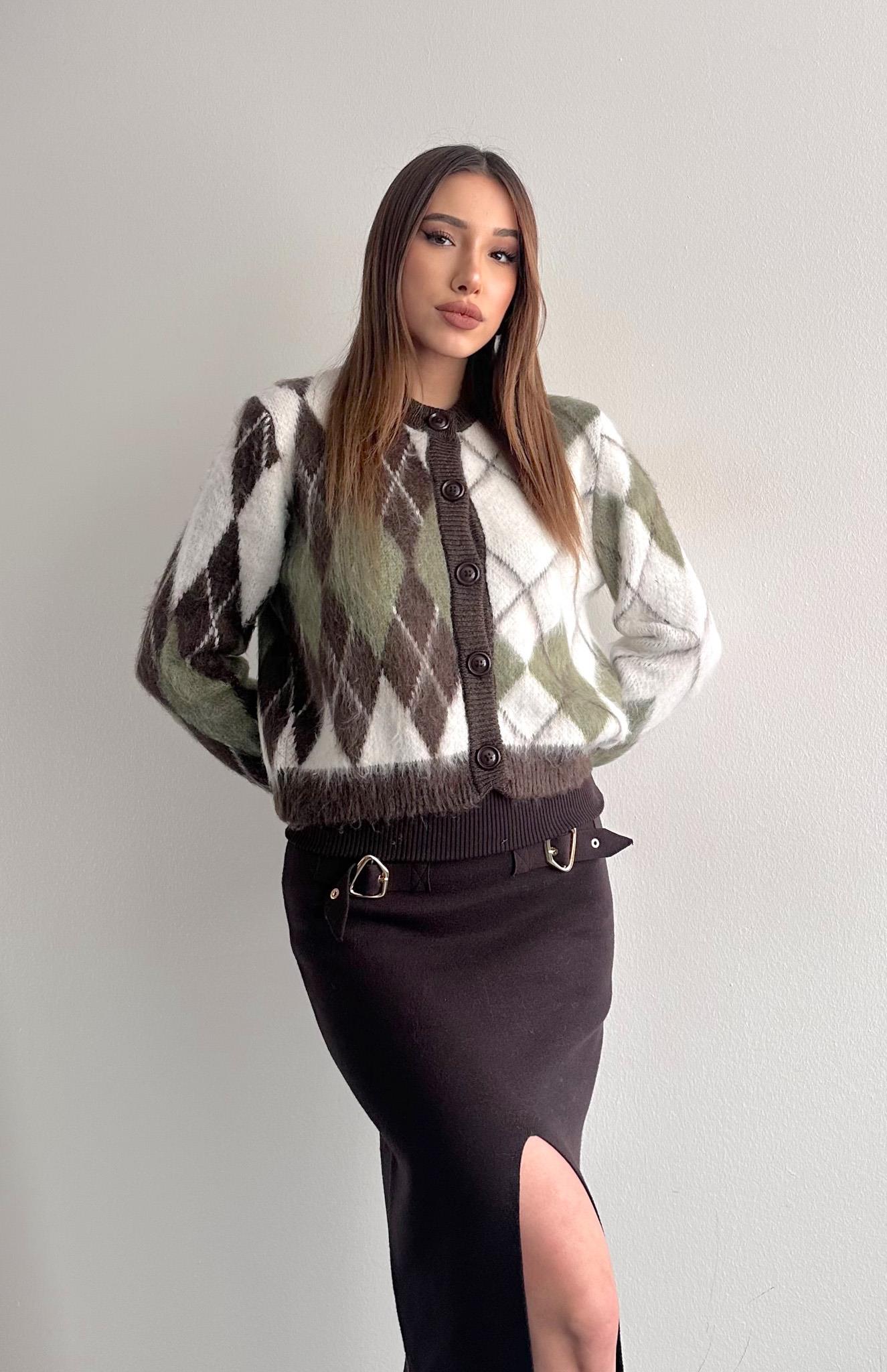 Baklava Desen Triko Hırka Kahve-Ekru