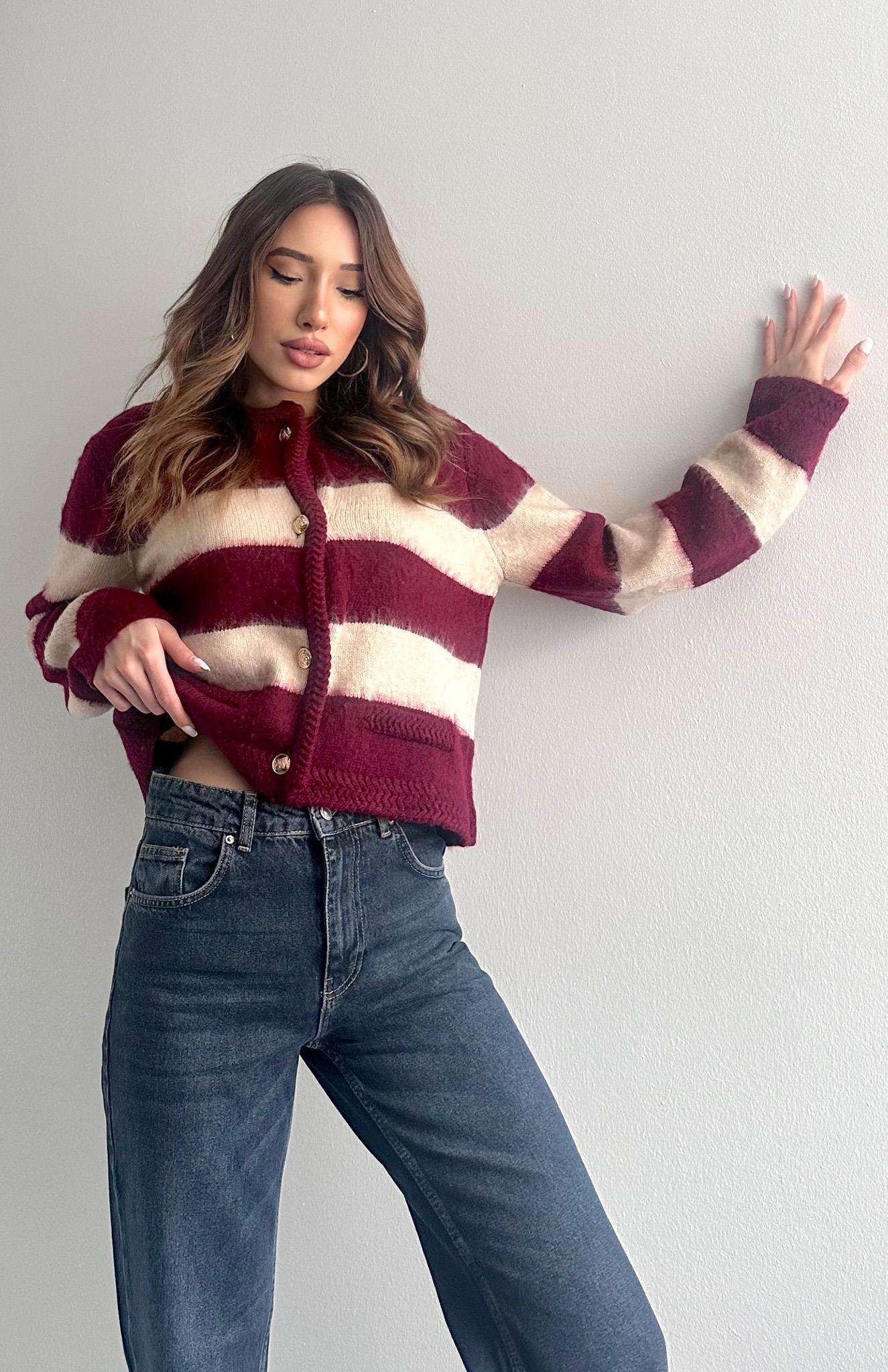 Fırça Şardonlu Crop Hırka BORDO