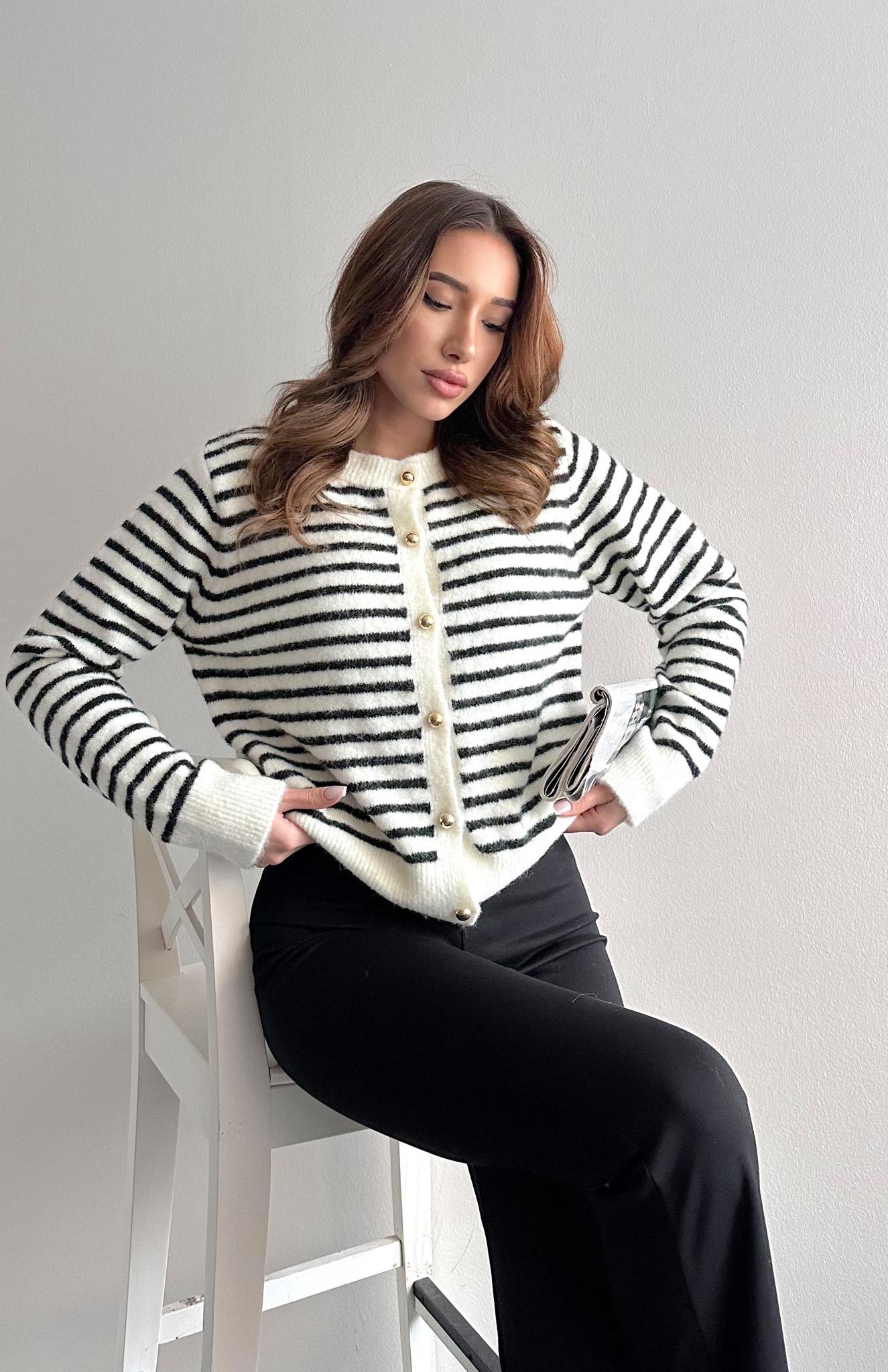 Gold Düğmeli Çizgili Hırka EKRU