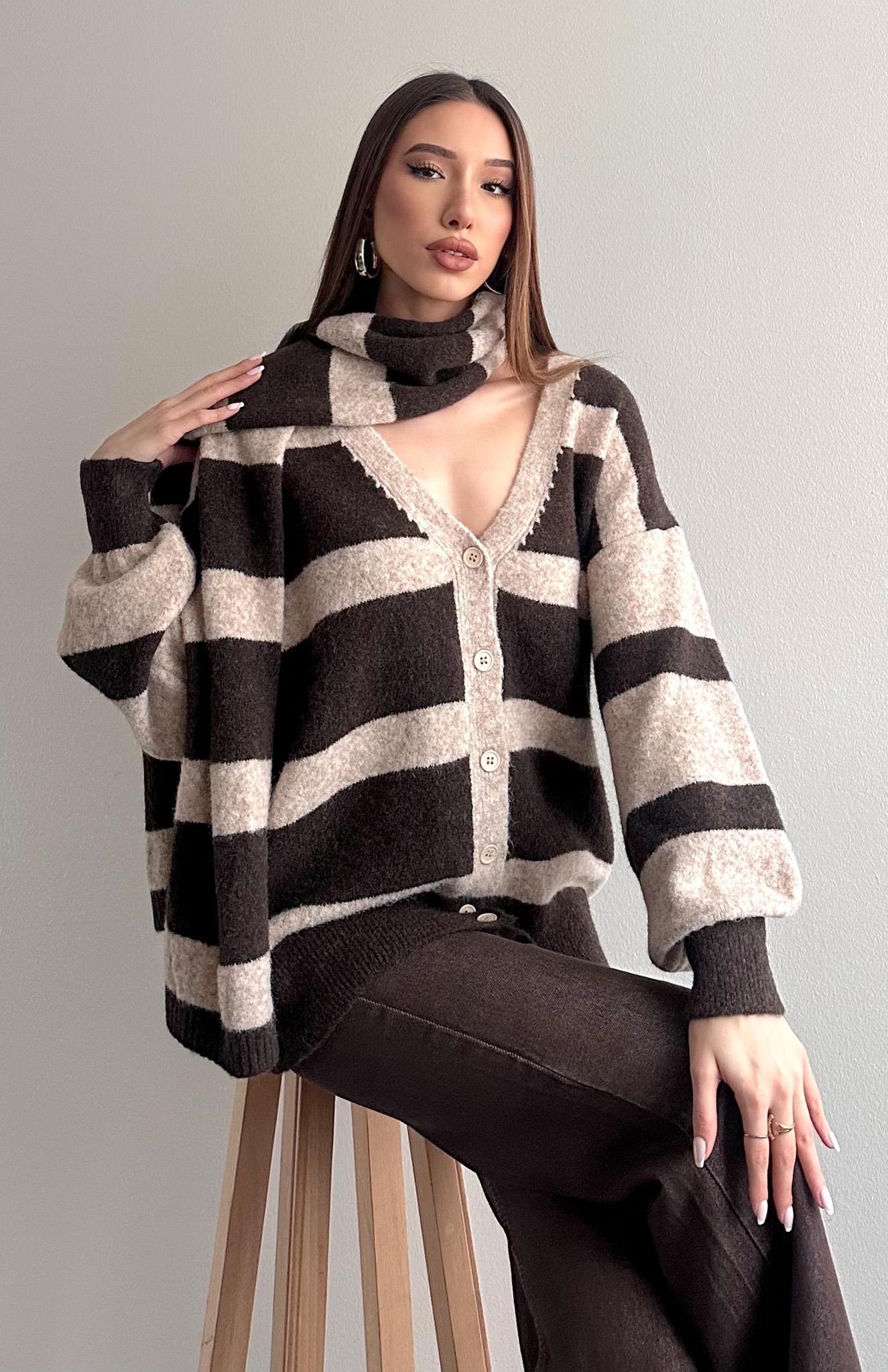 Hırka Atkı Kombin Triko KAHVERENGİ