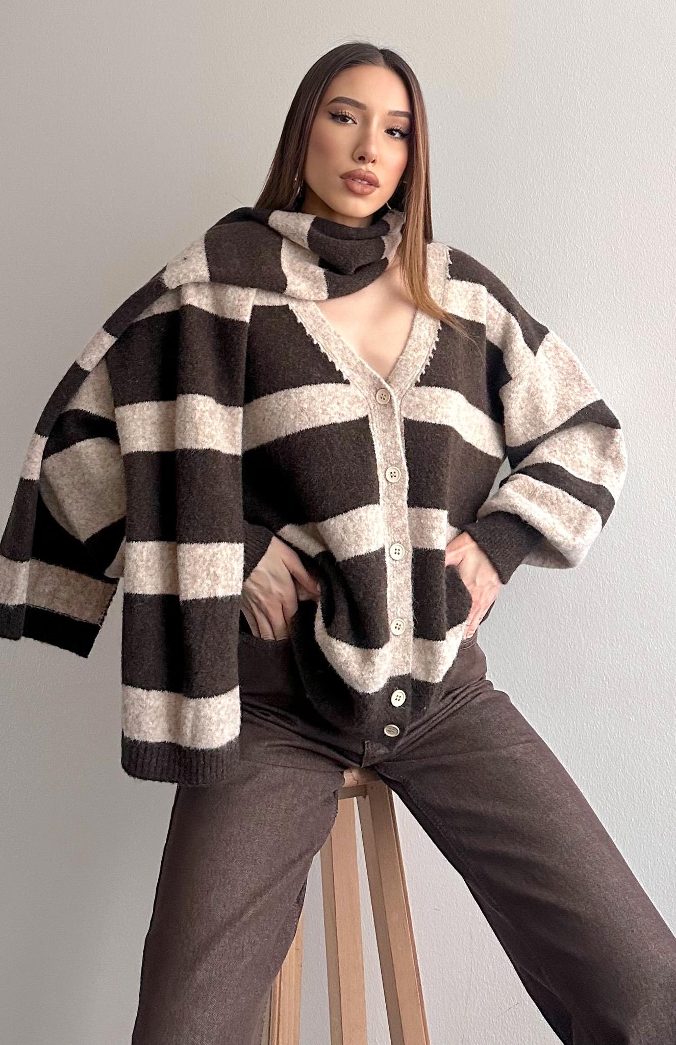 Hırka Atkı Kombin Triko KAHVERENGİ