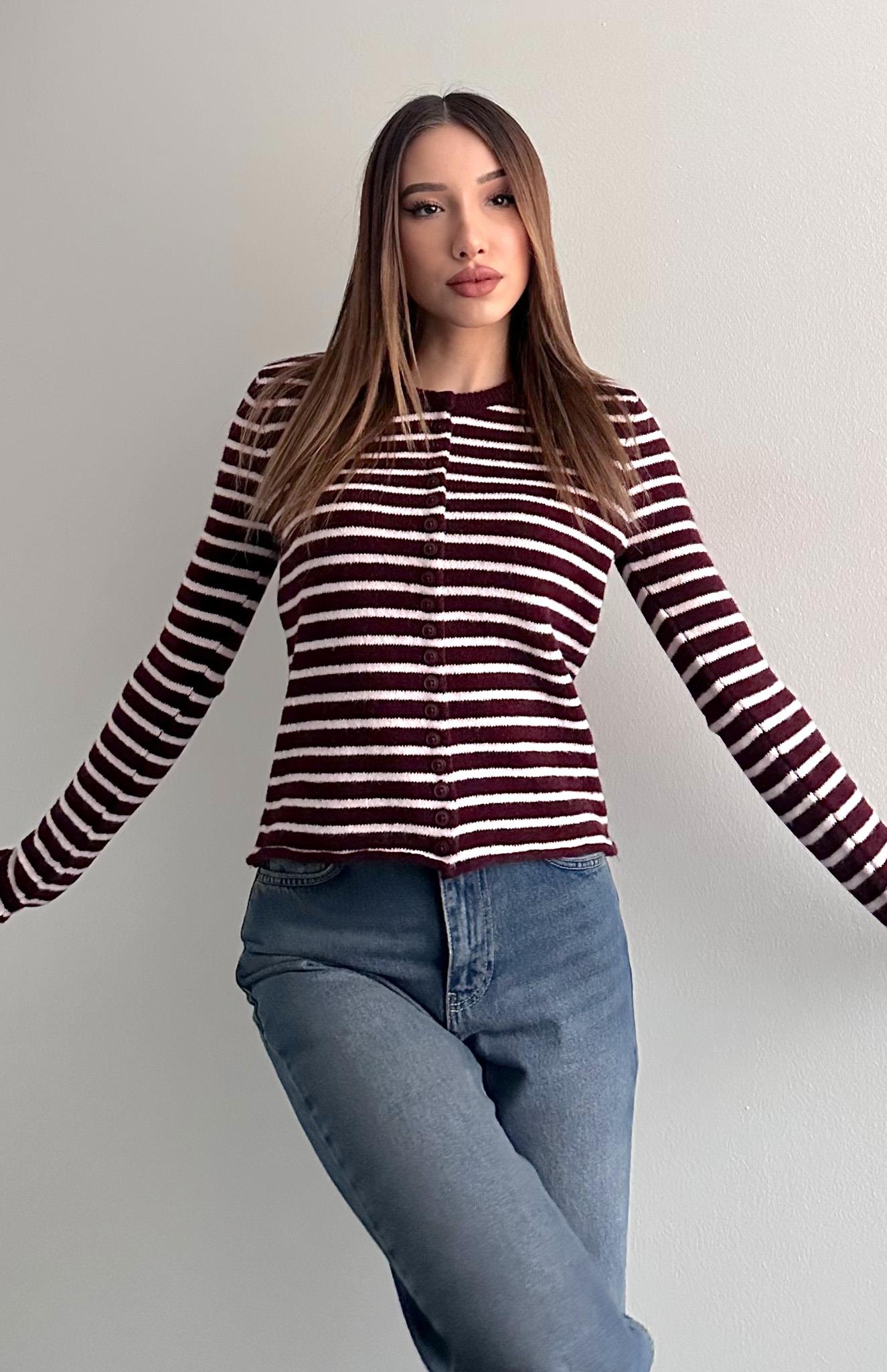 İnce Çizgili Hırka BORDO