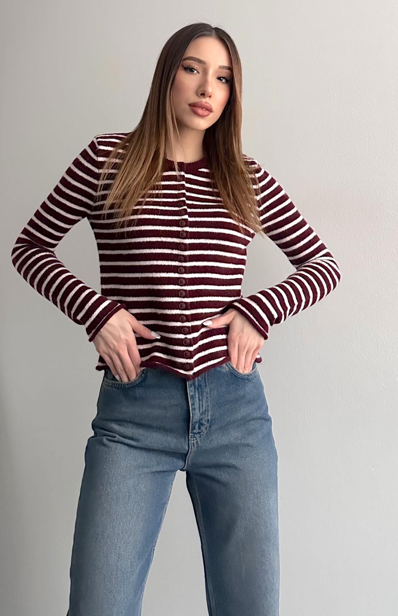 İnce Çizgili Hırka BORDO