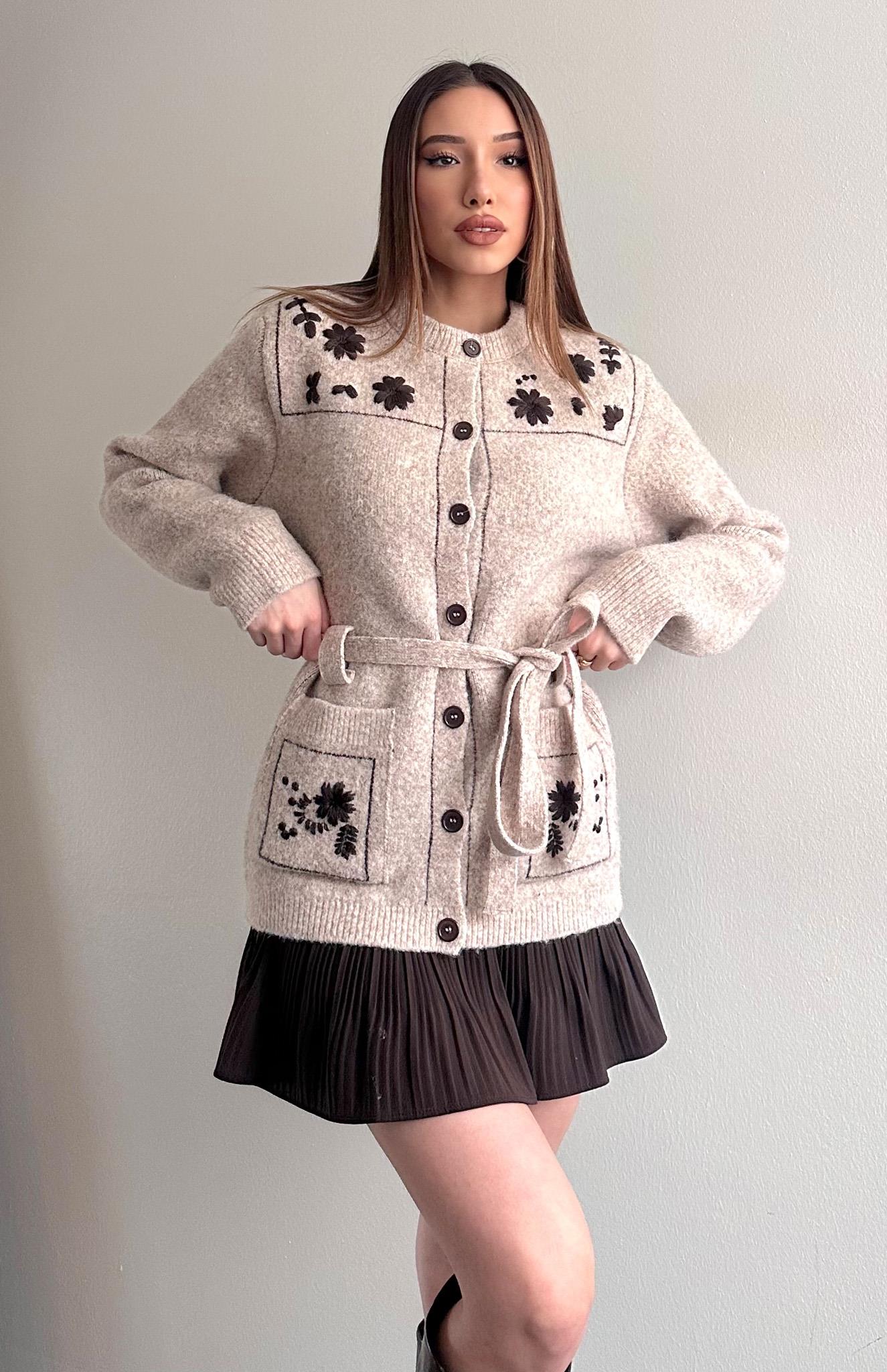 Kontrast Nakiş Yün Karışım Kemerli Hırka VİZON