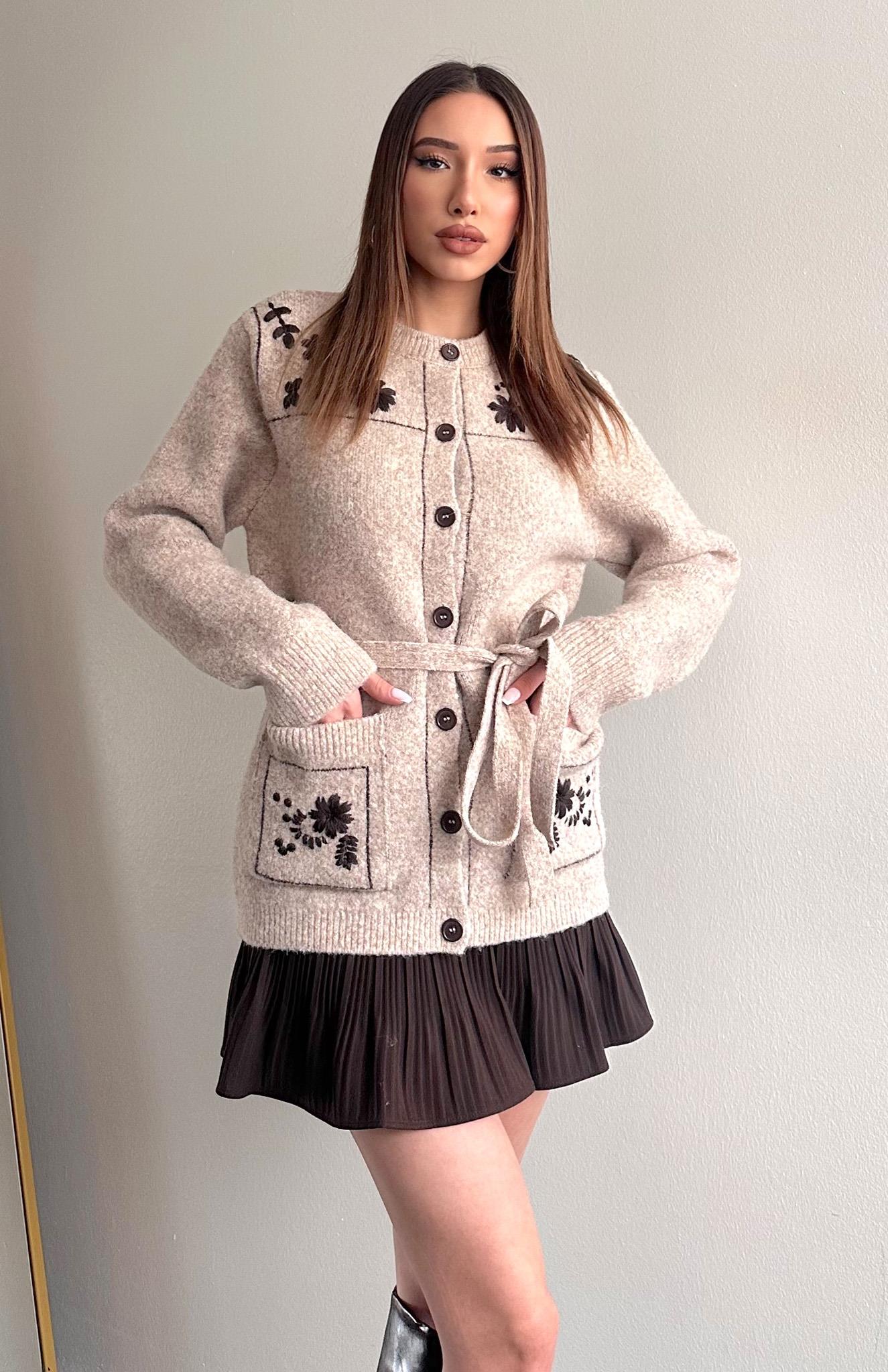 Kontrast Nakiş Yün Karışım Kemerli Hırka VİZON