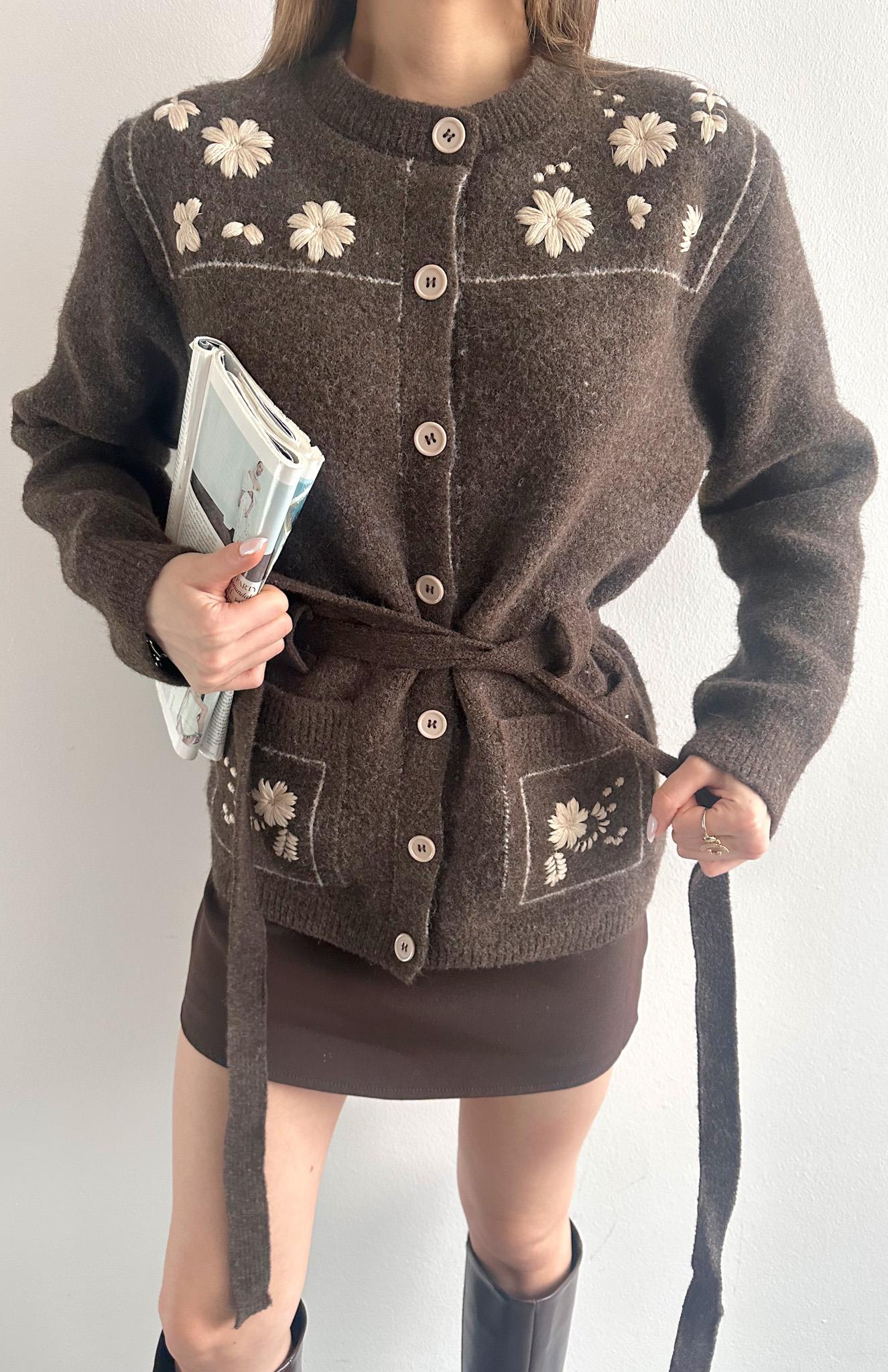 Kontrast Nakiş Yün Karışım Kemerli Hırka KAHVERENGİ