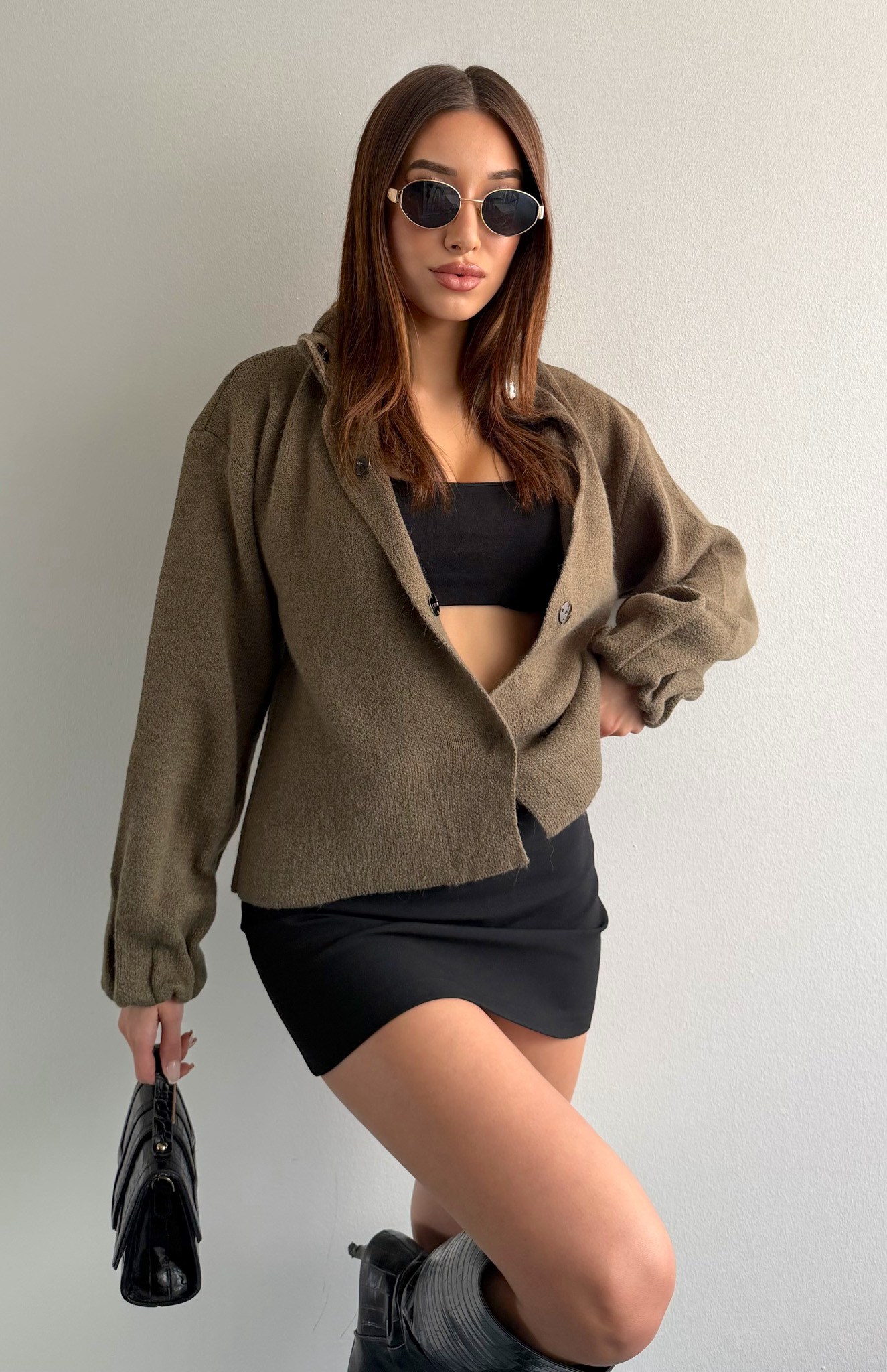 Örgü Çıtçıtlı Bomber Hırka HAKİ